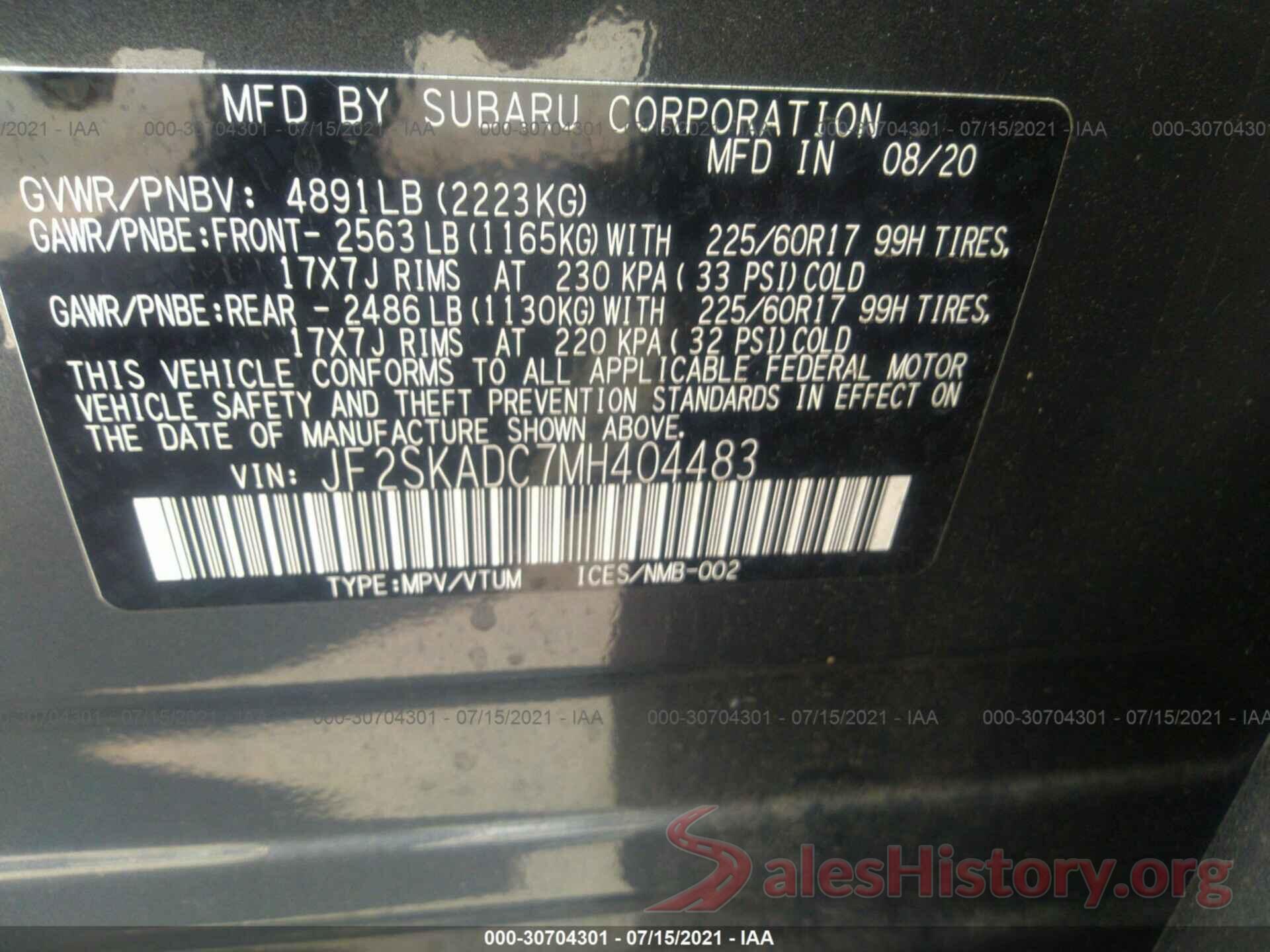 JF2SKADC7MH404483 2021 SUBARU FORESTER