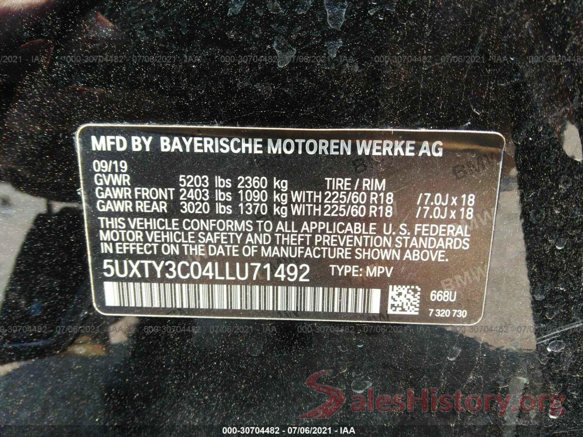 5UXTY3C04LLU71492 2020 BMW X3