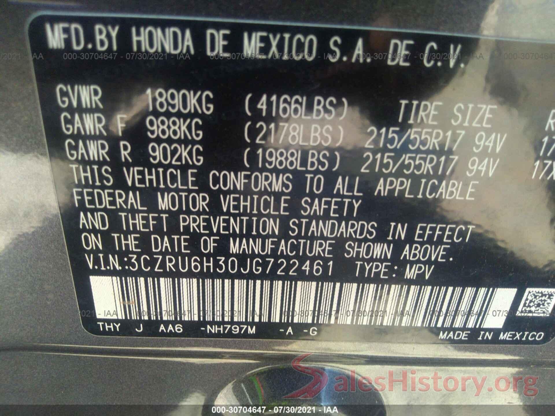 3CZRU6H30JG722461 2018 HONDA HR-V