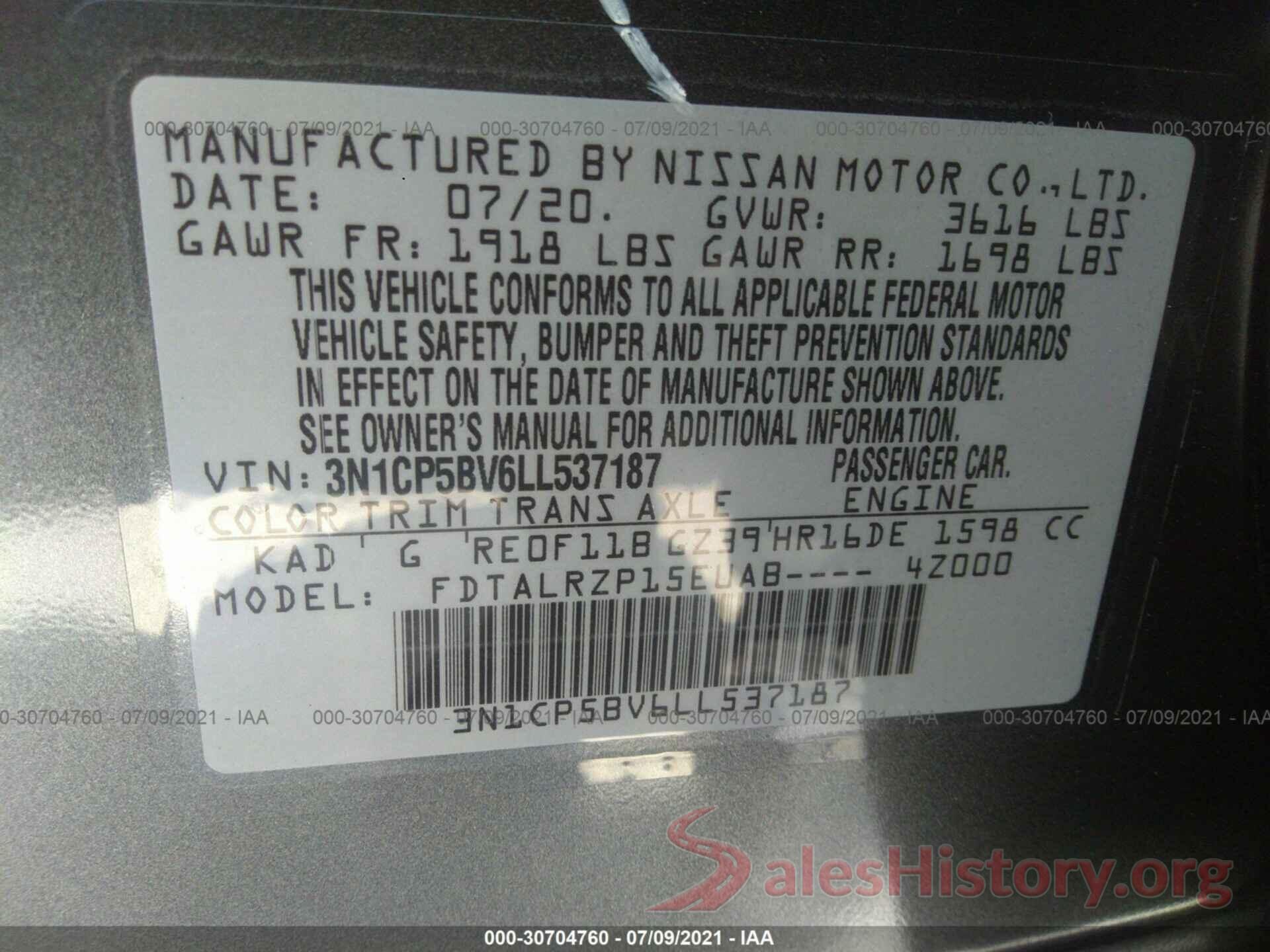 3N1CP5BV6LL537187 2020 NISSAN KICKS