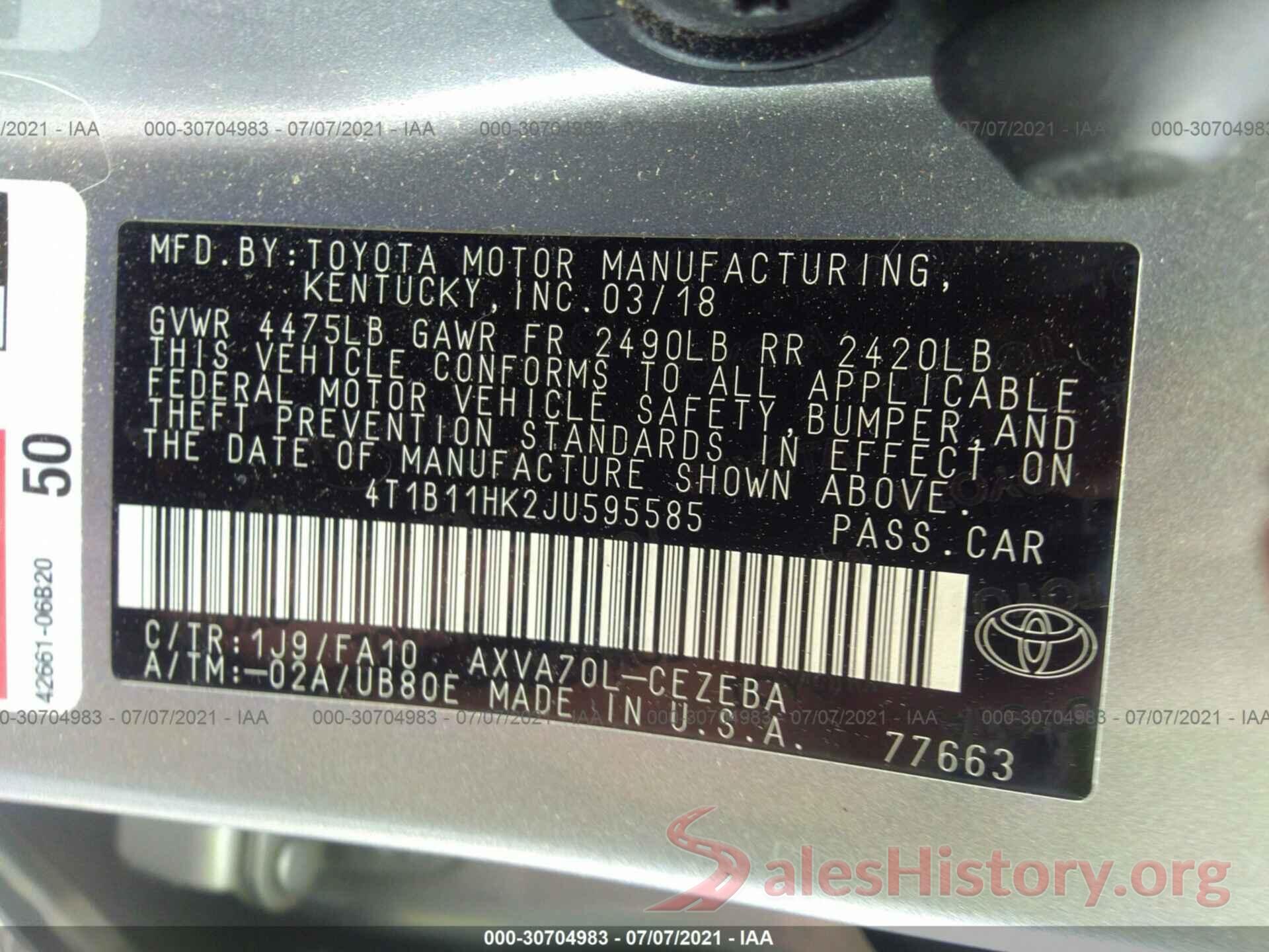 4T1B11HK2JU595585 2018 TOYOTA CAMRY