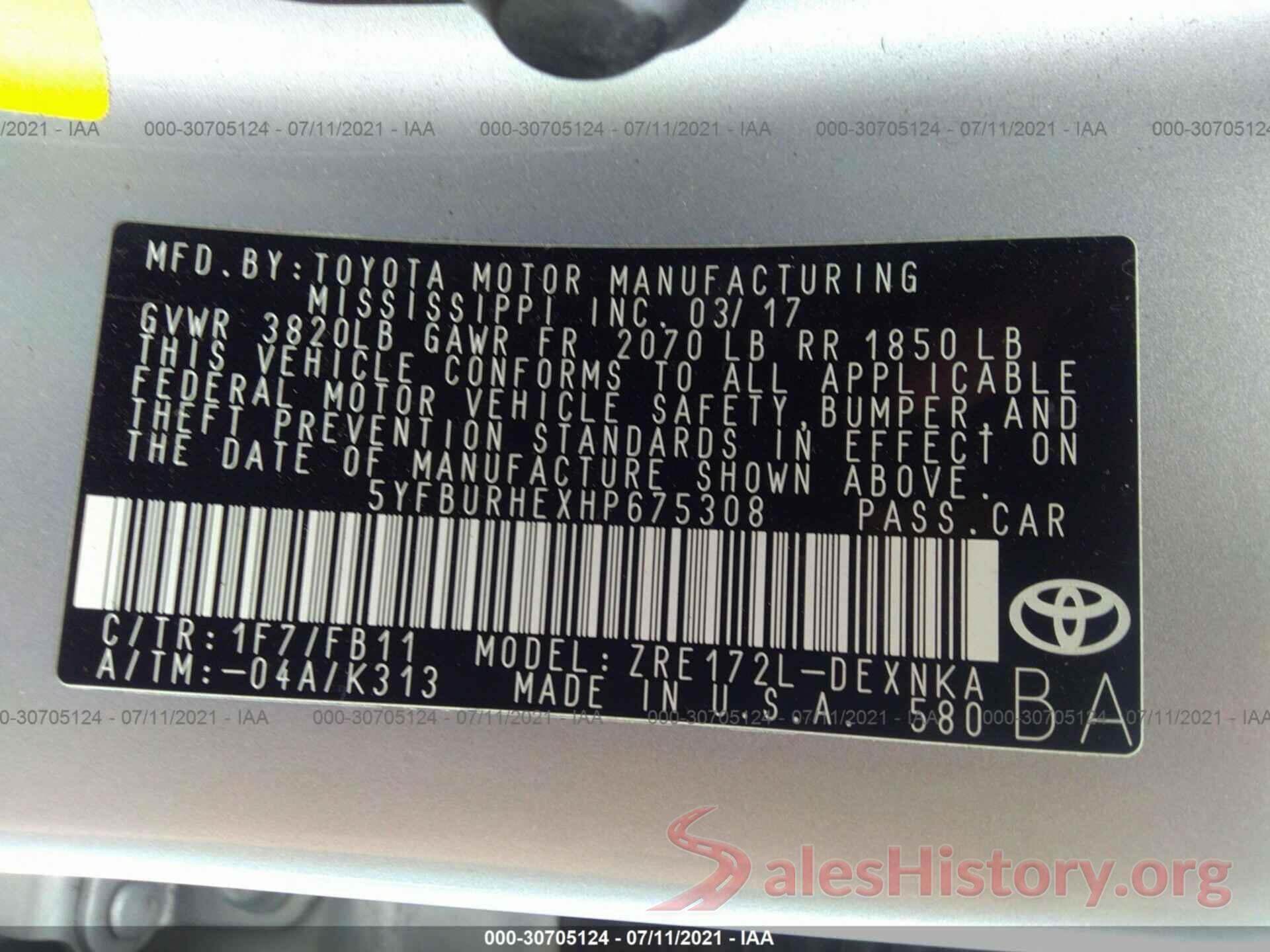 5YFBURHEXHP675308 2017 TOYOTA COROLLA