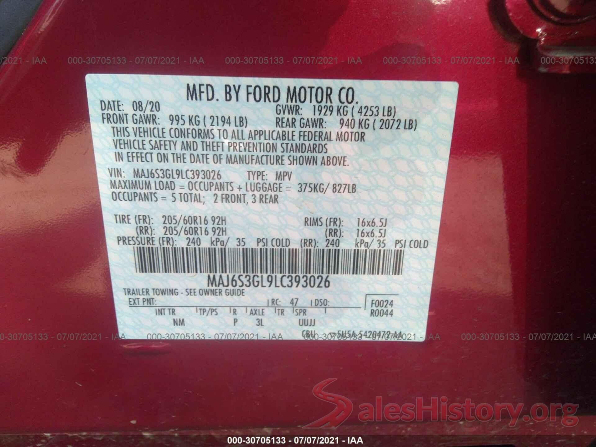 MAJ6S3GL9LC393026 2020 FORD ECOSPORT