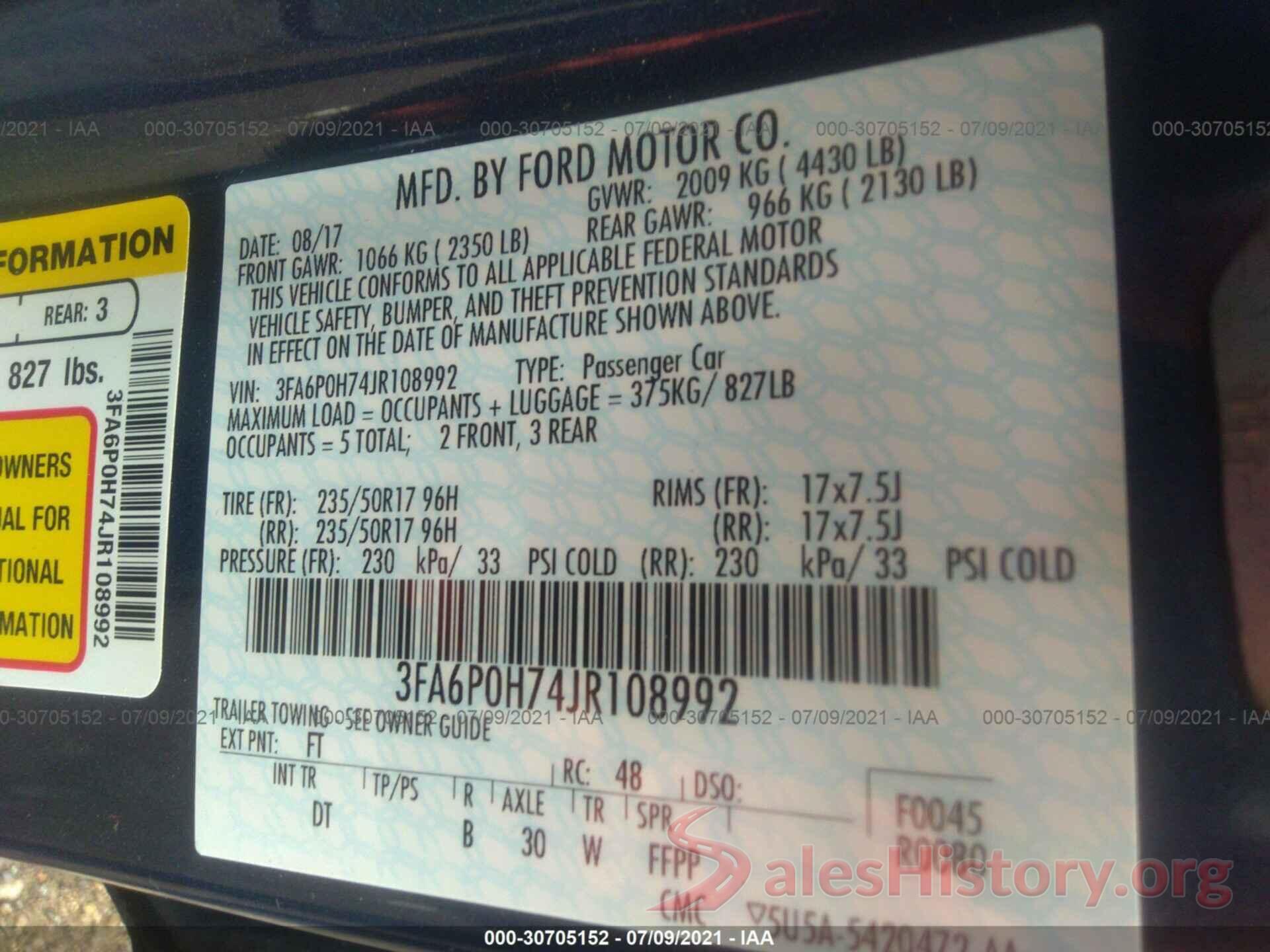 3FA6P0H74JR108992 2018 FORD FUSION