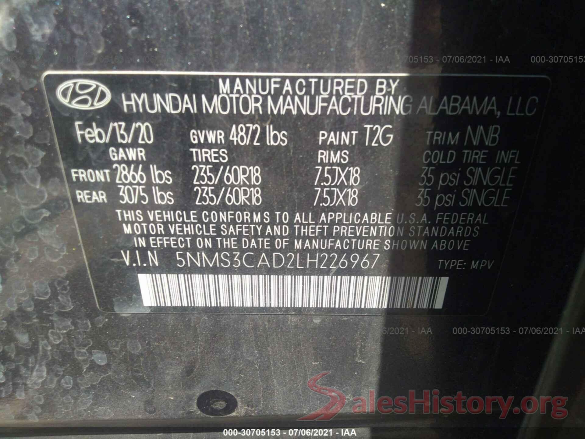 5NMS3CAD2LH226967 2020 HYUNDAI SANTA FE