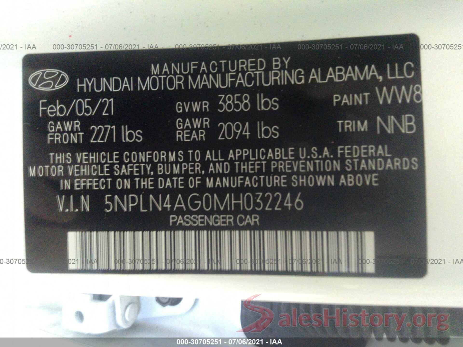 5NPLN4AG0MH032246 2021 HYUNDAI ELANTRA