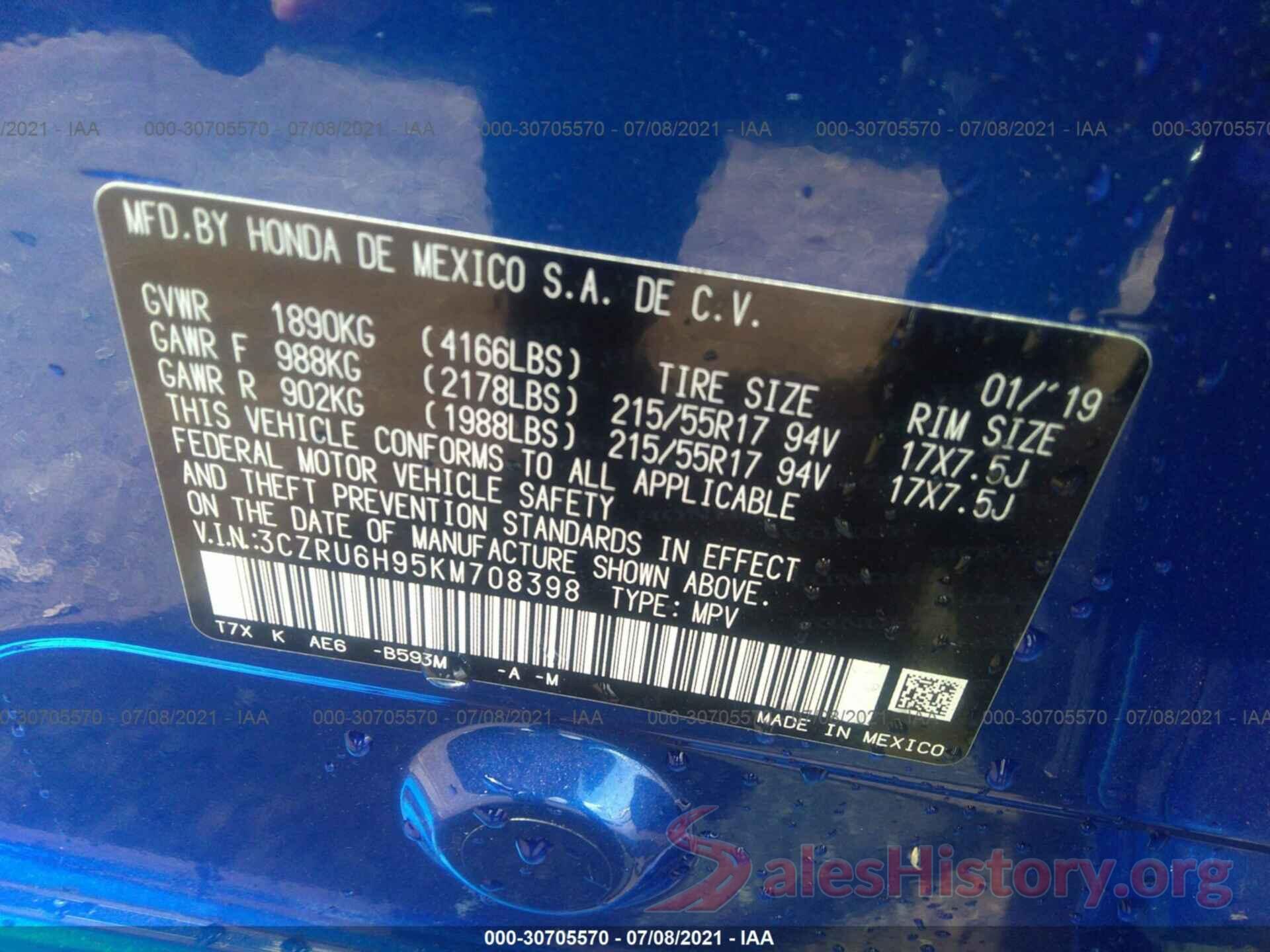 3CZRU6H95KM708398 2019 HONDA HR-V