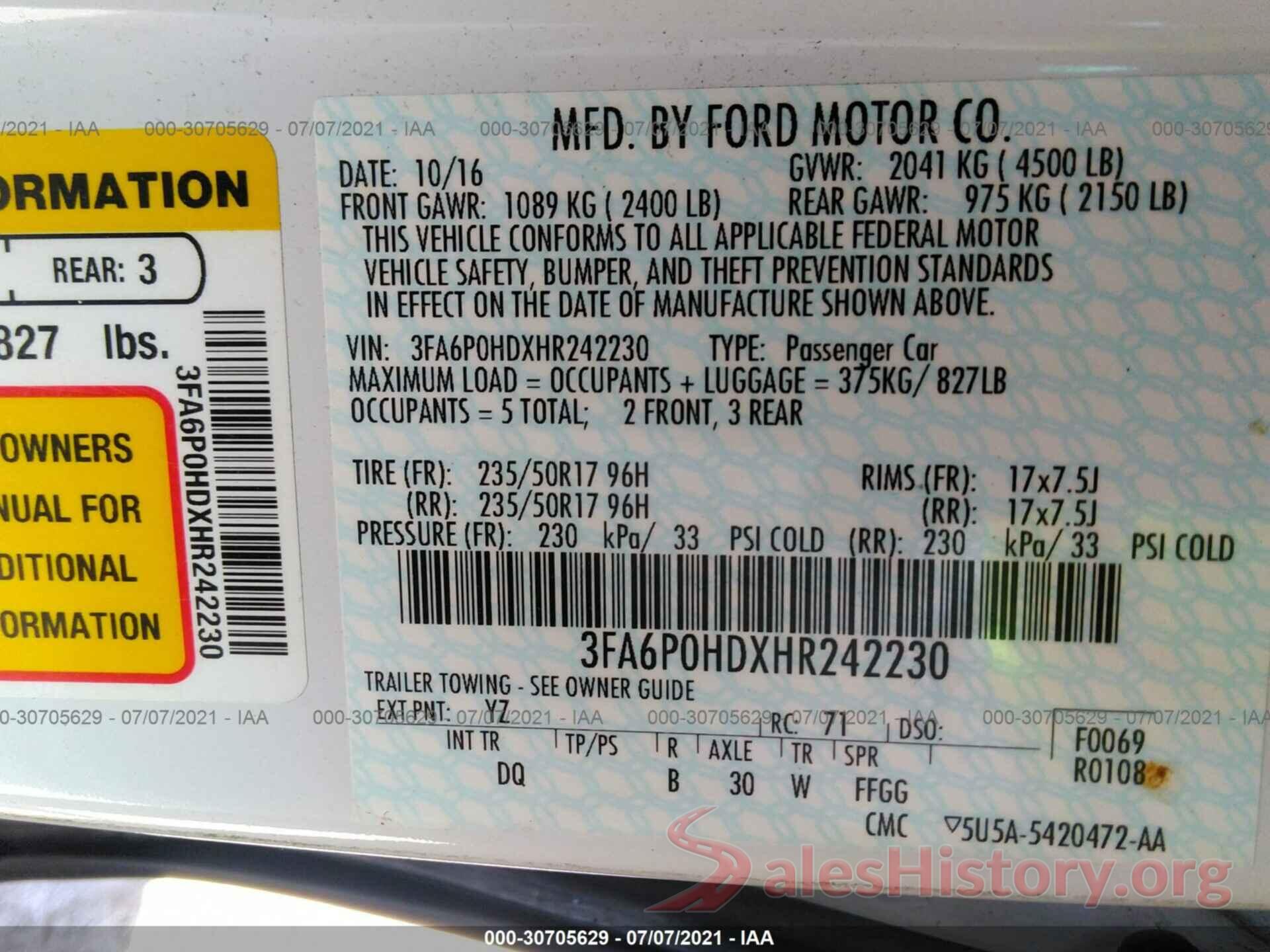 3FA6P0HDXHR242230 2017 FORD FUSION