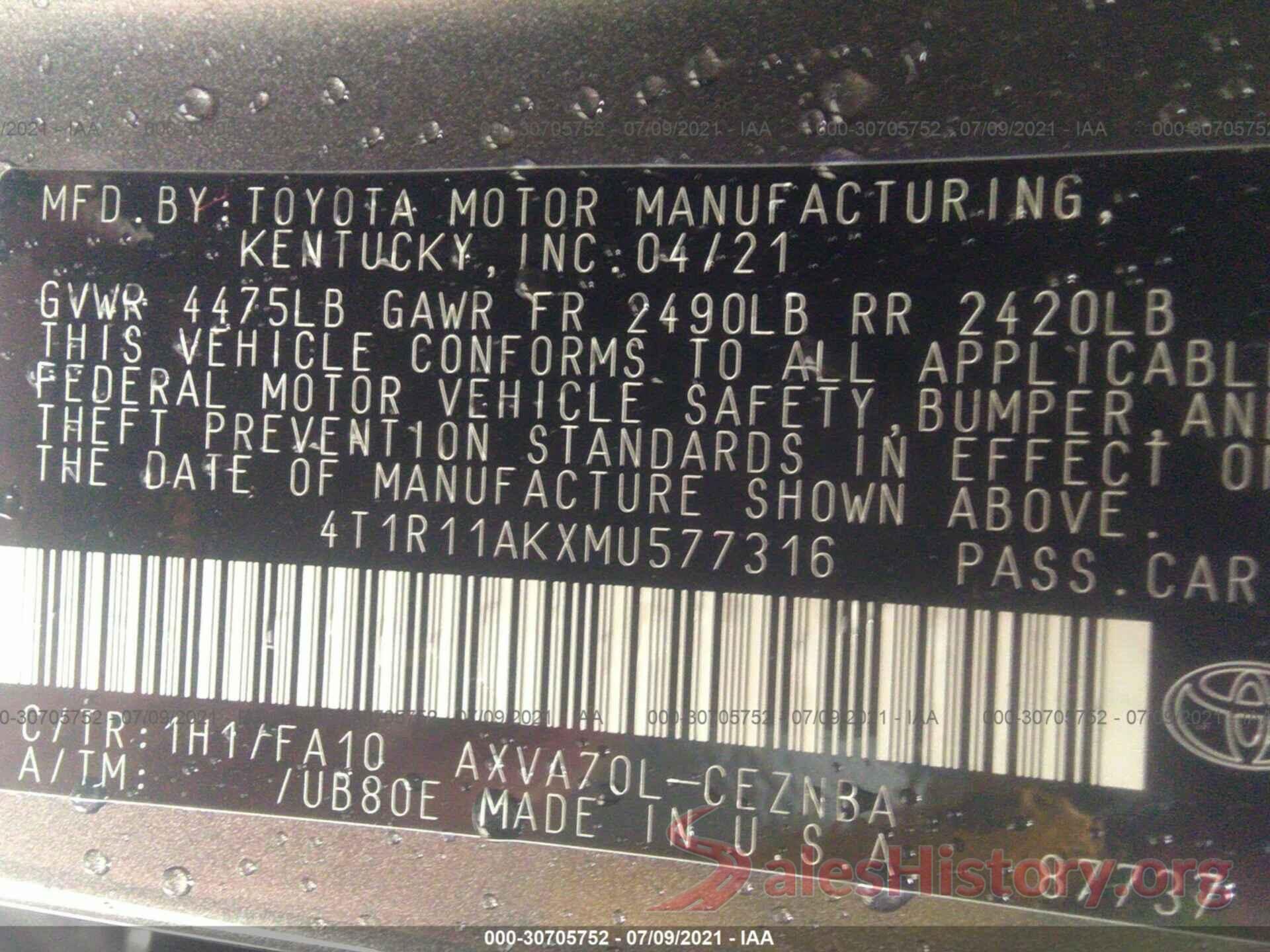 4T1R11AKXMU577316 2021 TOYOTA CAMRY