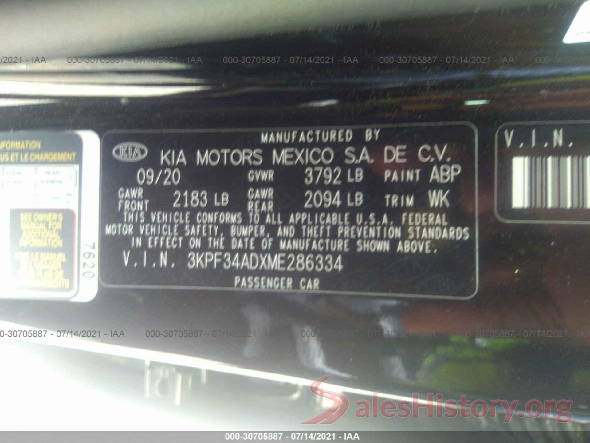 3KPF34ADXME286334 2021 KIA FORTE