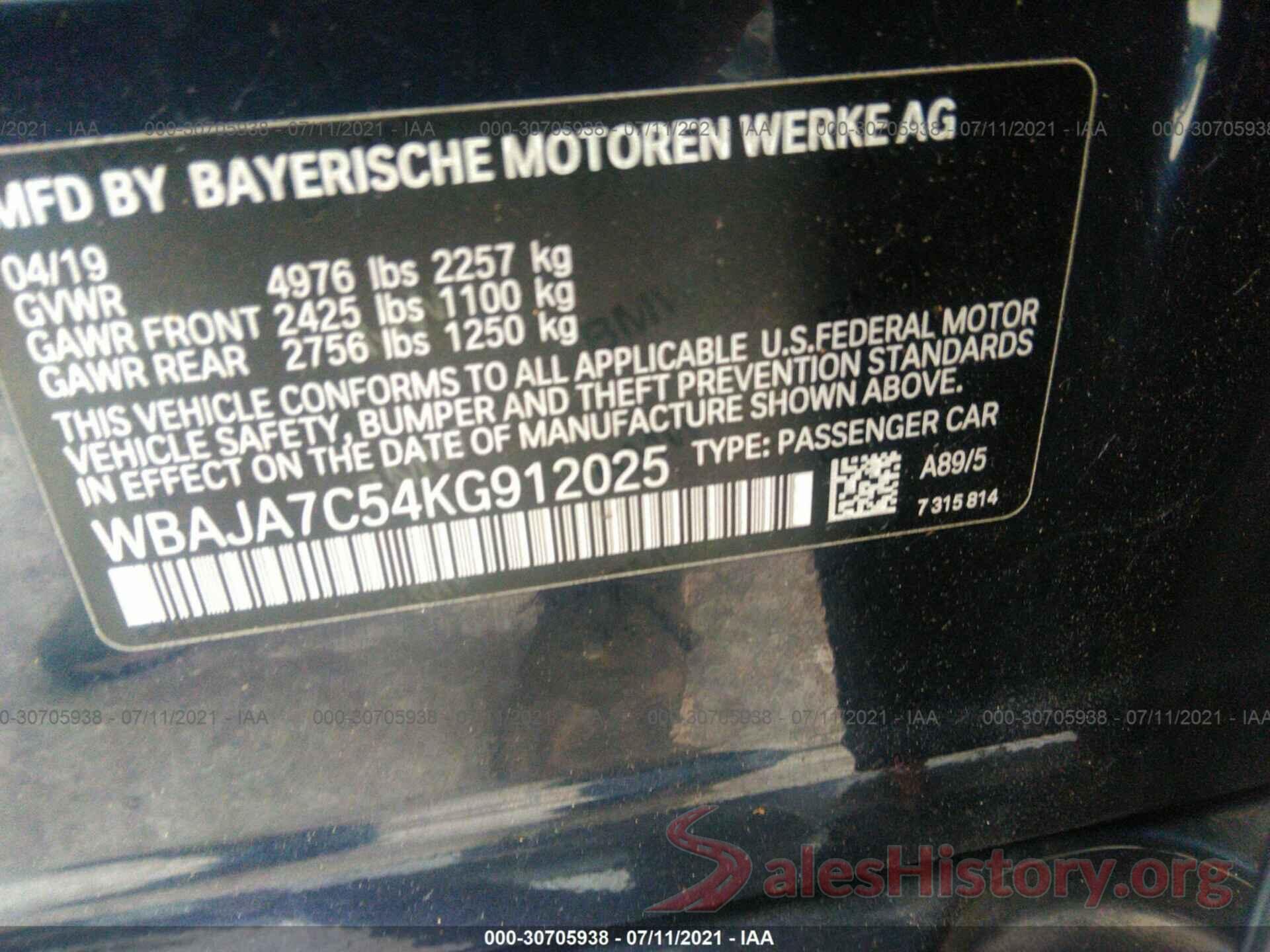 WBAJA7C54KG912025 2019 BMW 5 SERIES