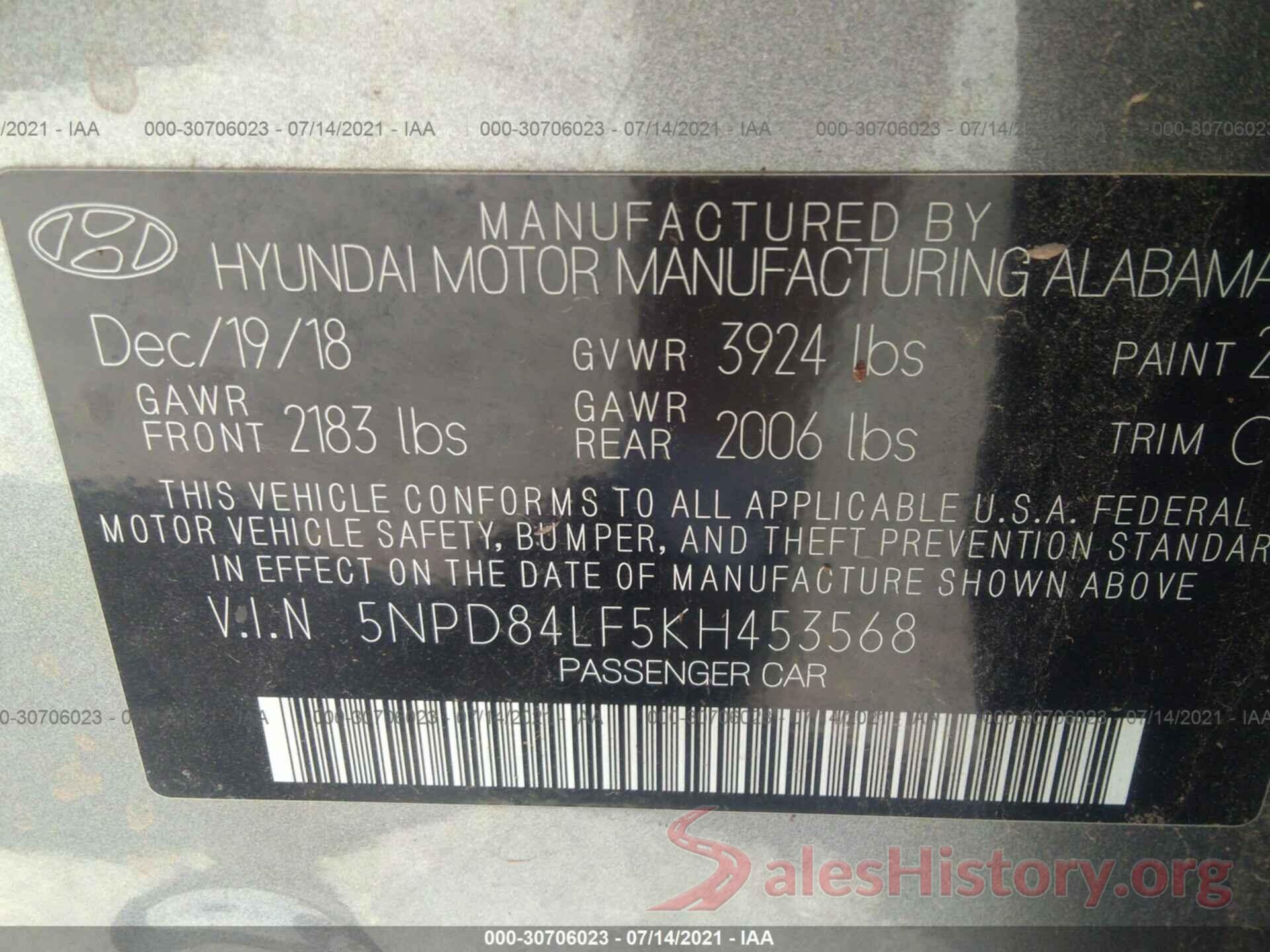 5NPD84LF5KH453568 2019 HYUNDAI ELANTRA