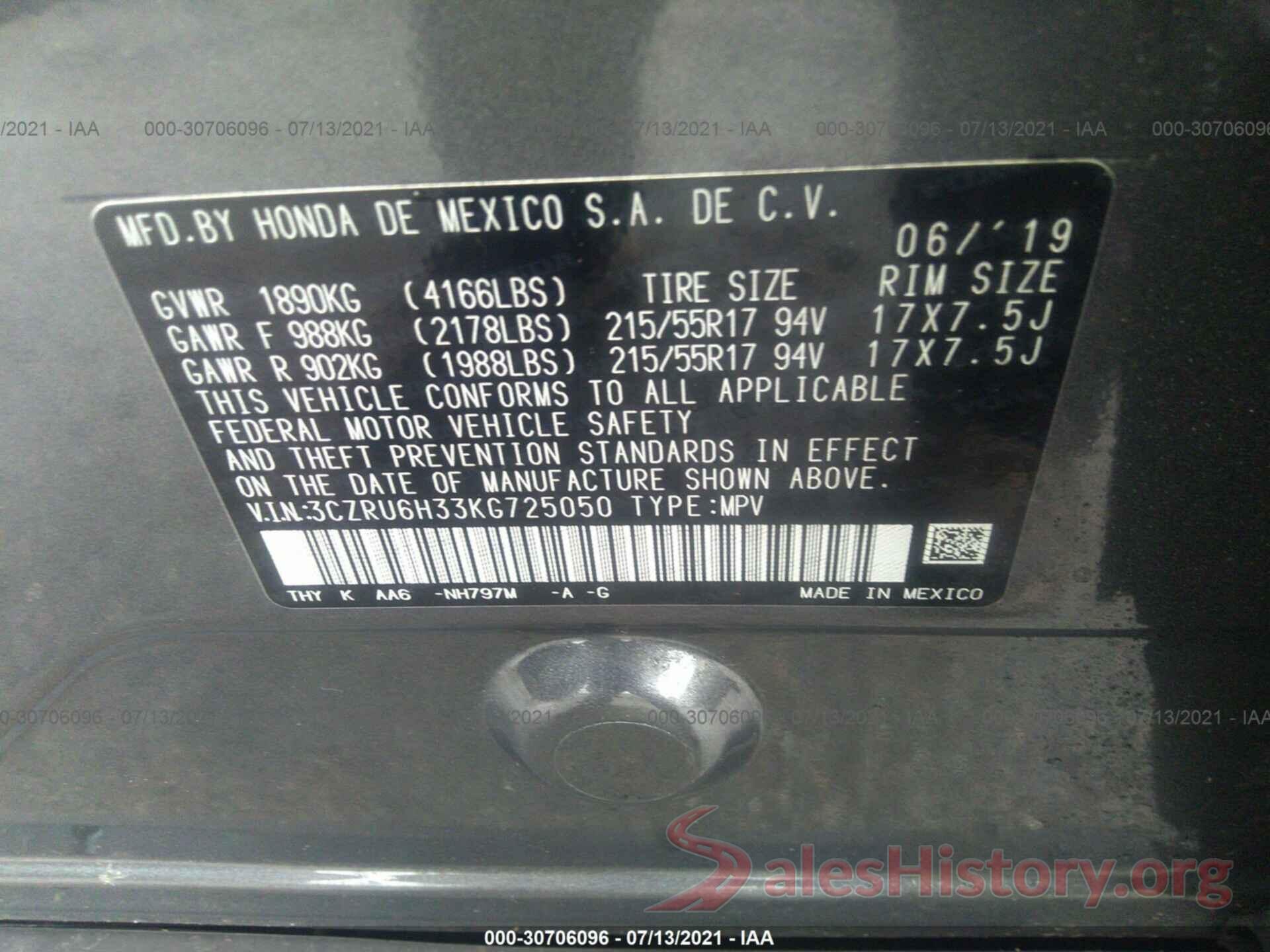 3CZRU6H33KG725050 2019 HONDA HR-V