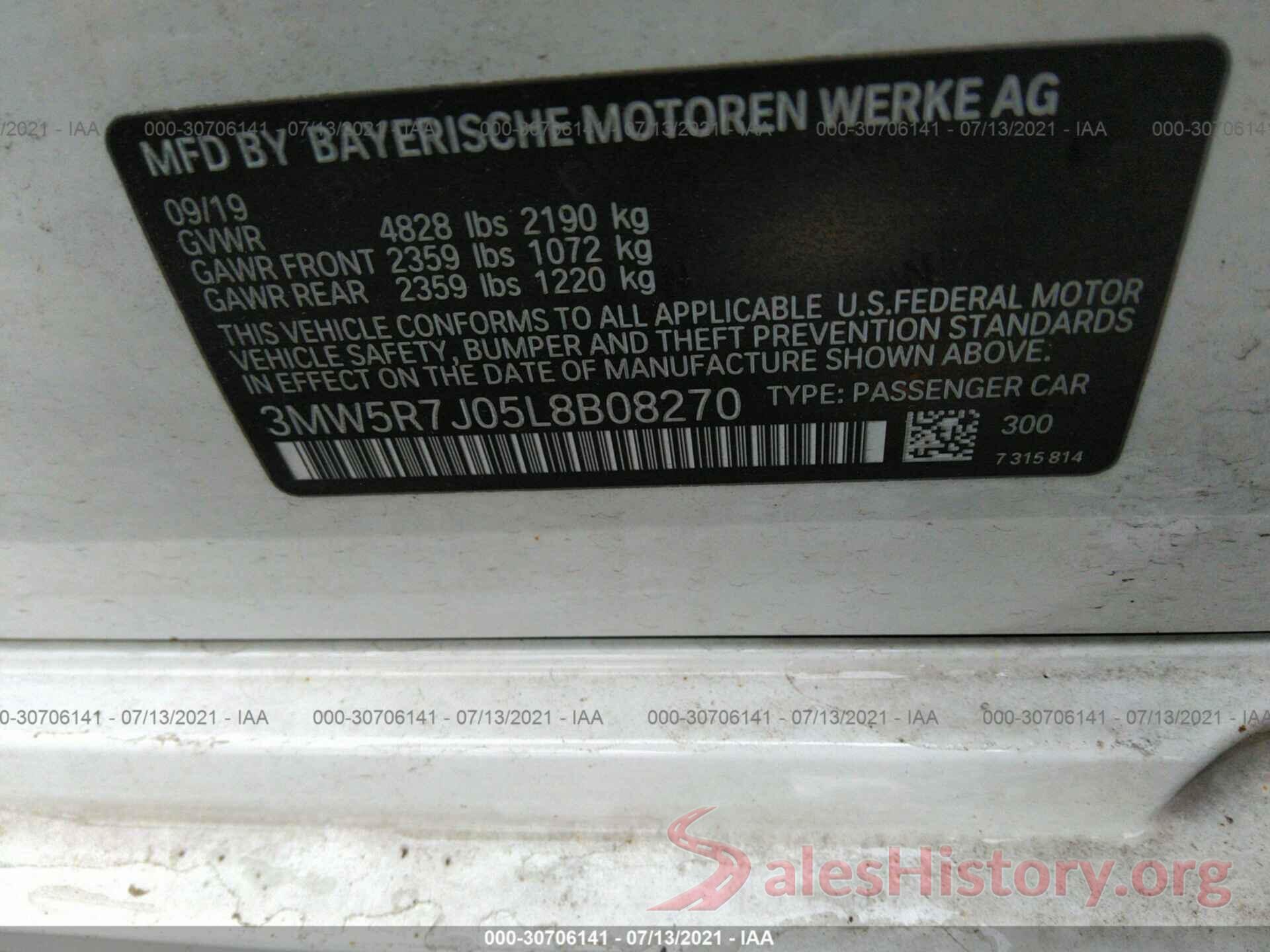 3MW5R7J05L8B08270 2020 BMW 3 SERIES