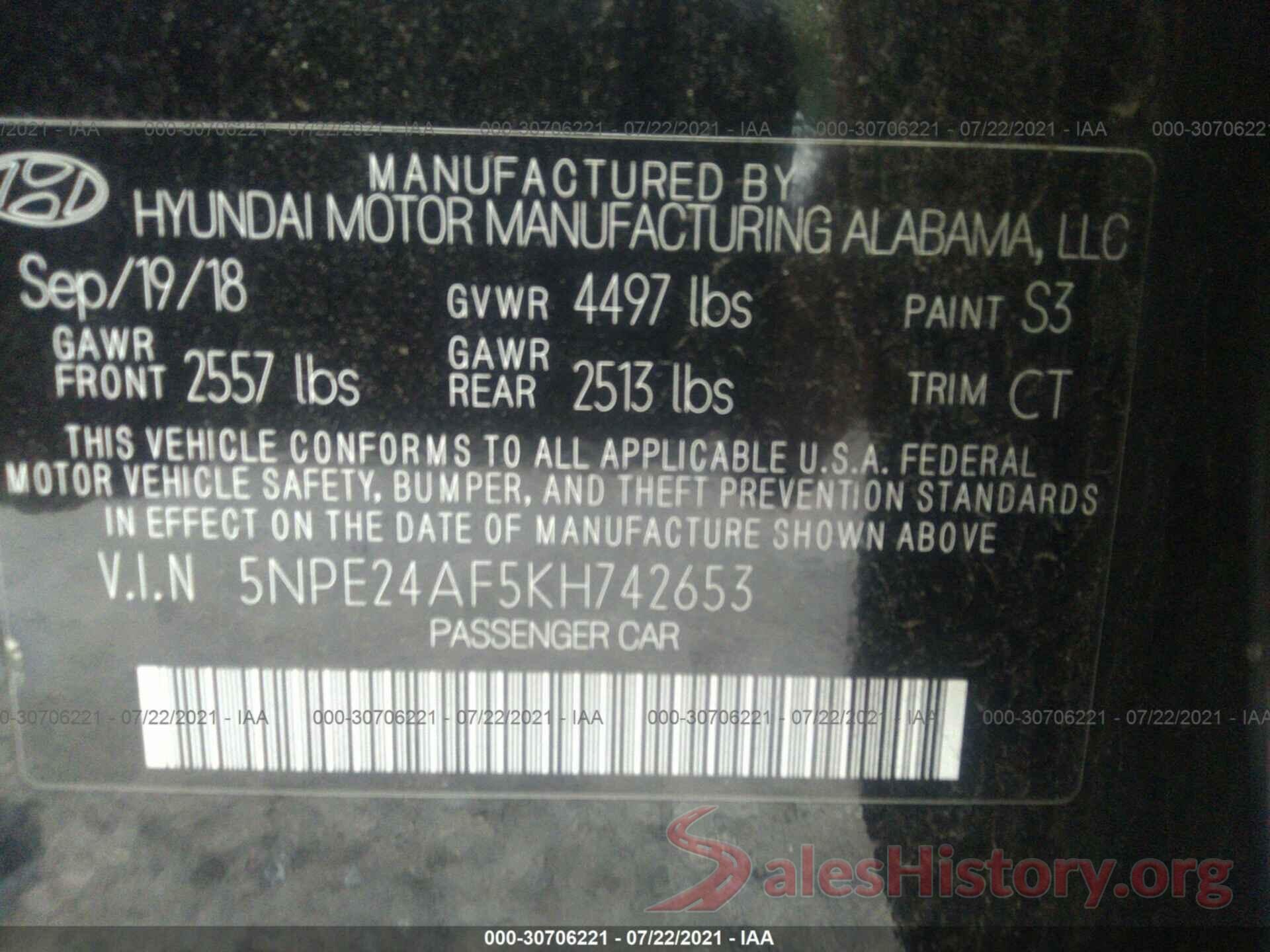 5NPE24AF5KH742653 2019 HYUNDAI SONATA