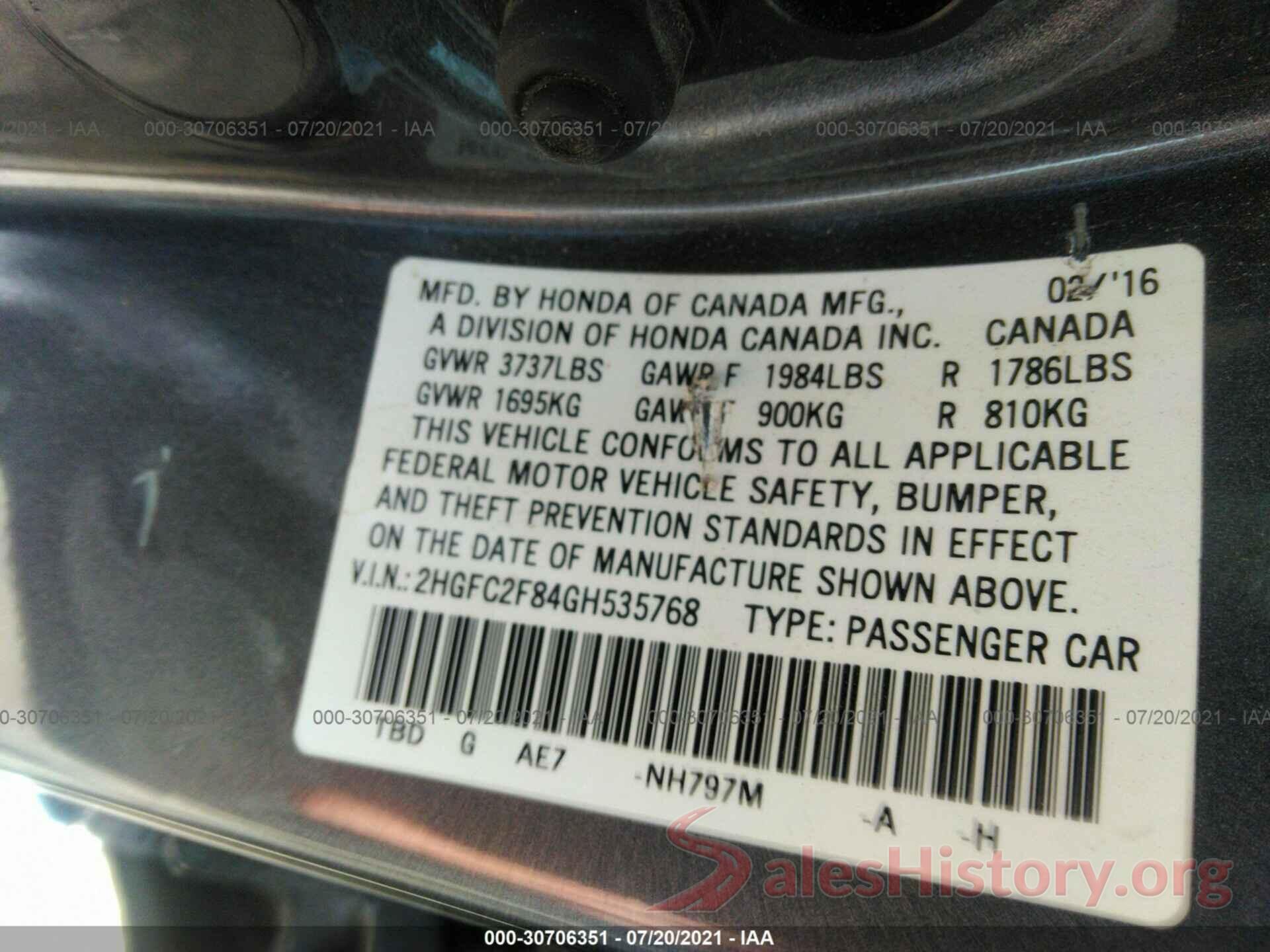 2HGFC2F84GH535768 2016 HONDA CIVIC SEDAN