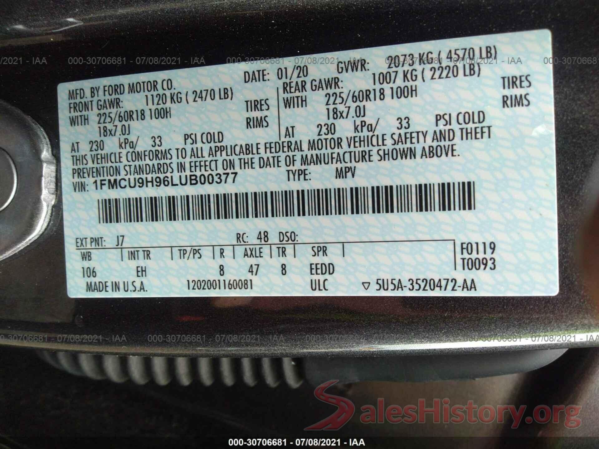 1FMCU9H96LUB00377 2020 FORD ESCAPE