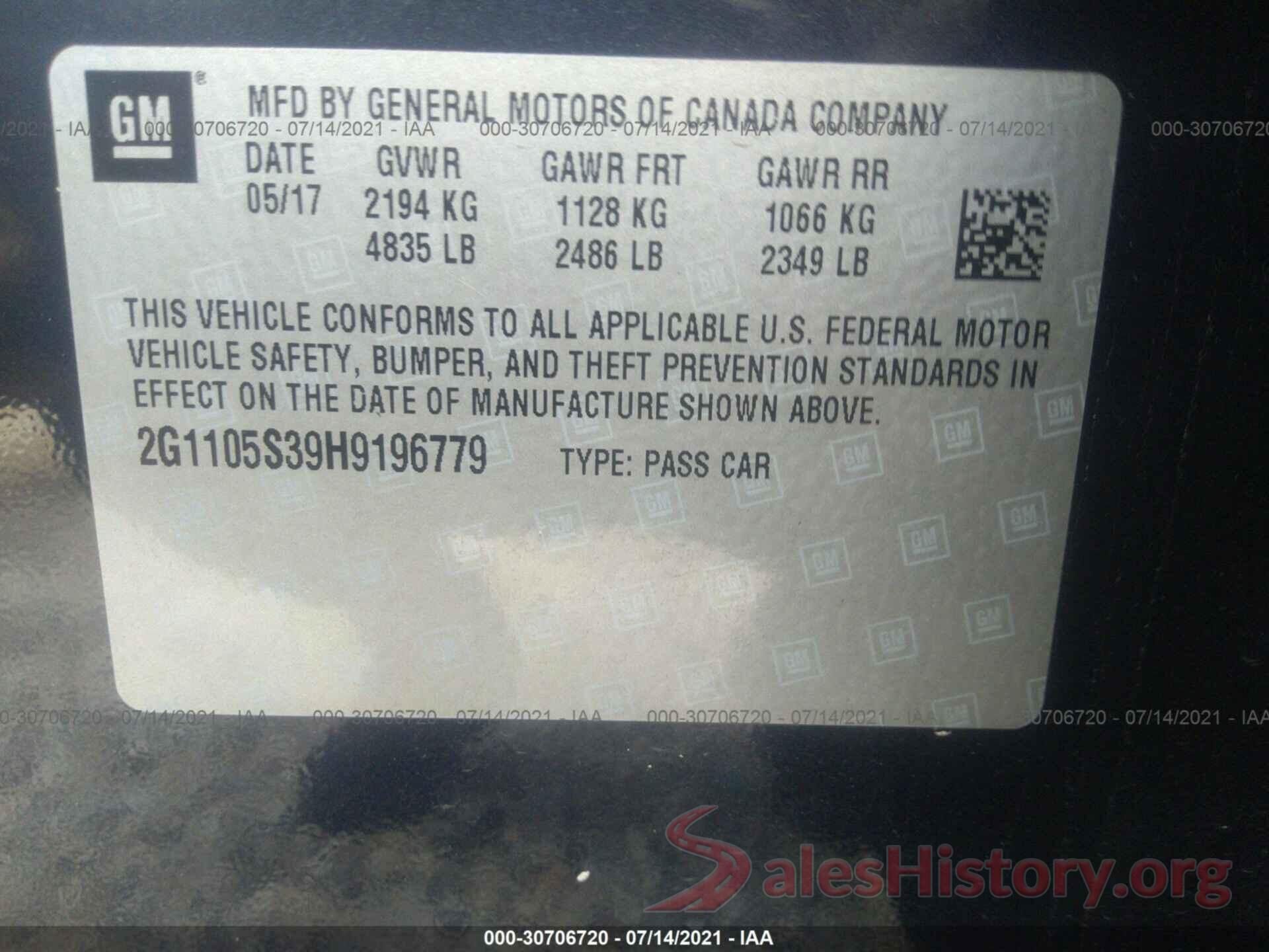 2G1105S39H9196779 2017 CHEVROLET IMPALA