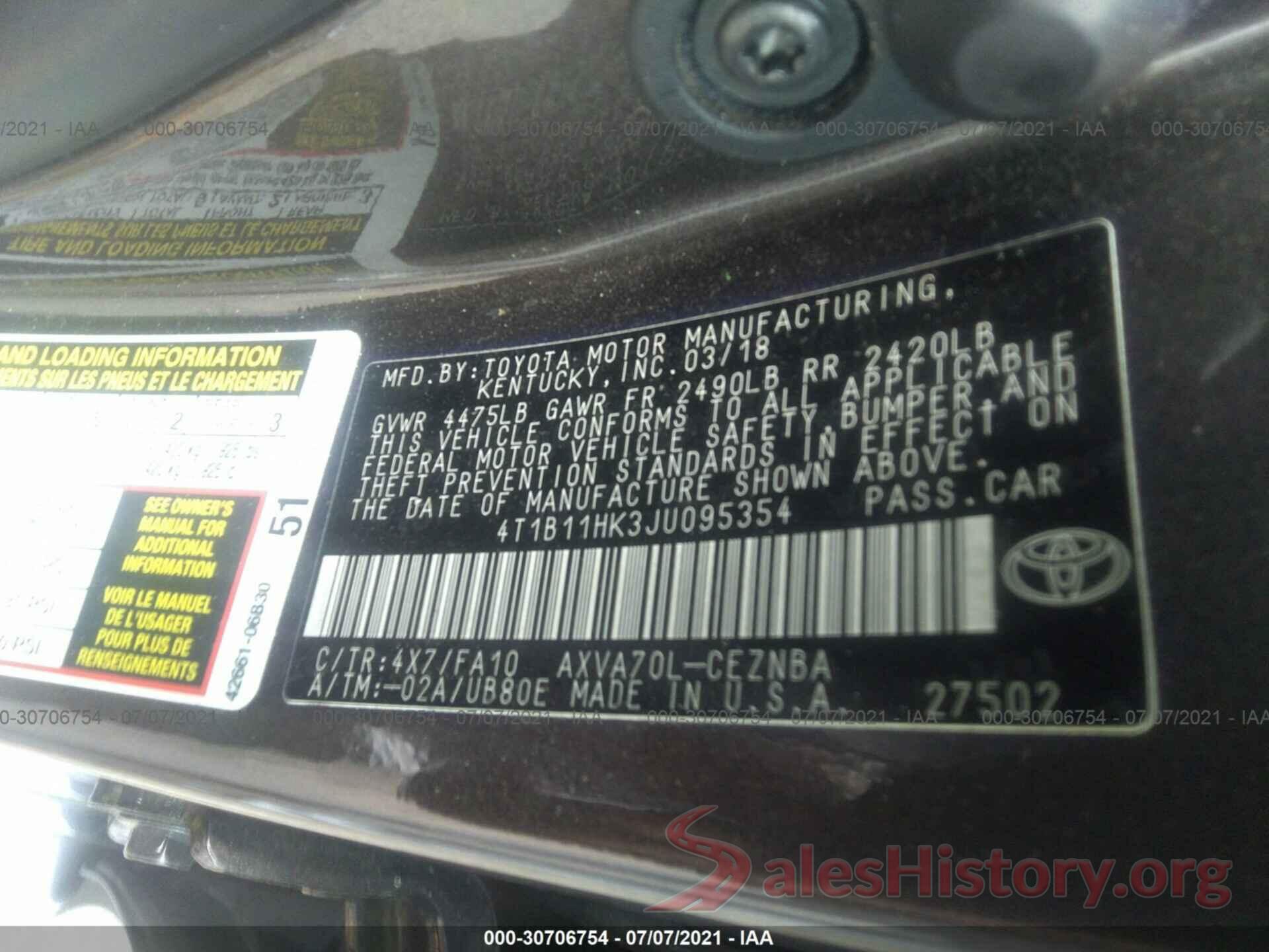 4T1B11HK3JU095354 2018 TOYOTA CAMRY