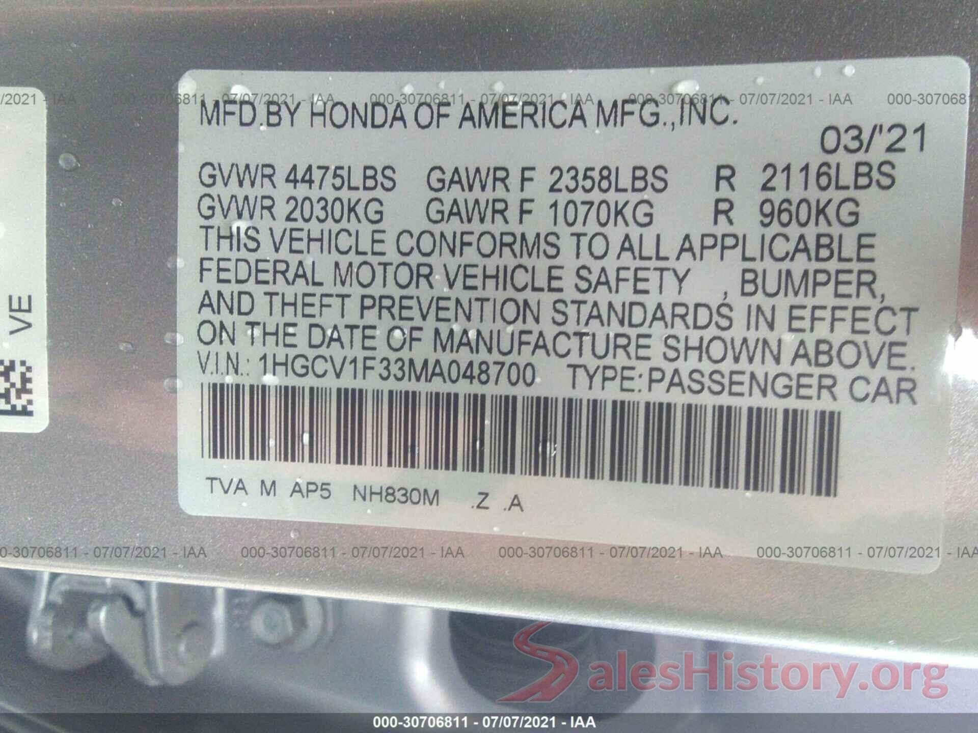 1HGCV1F33MA048700 2021 HONDA ACCORD SEDAN