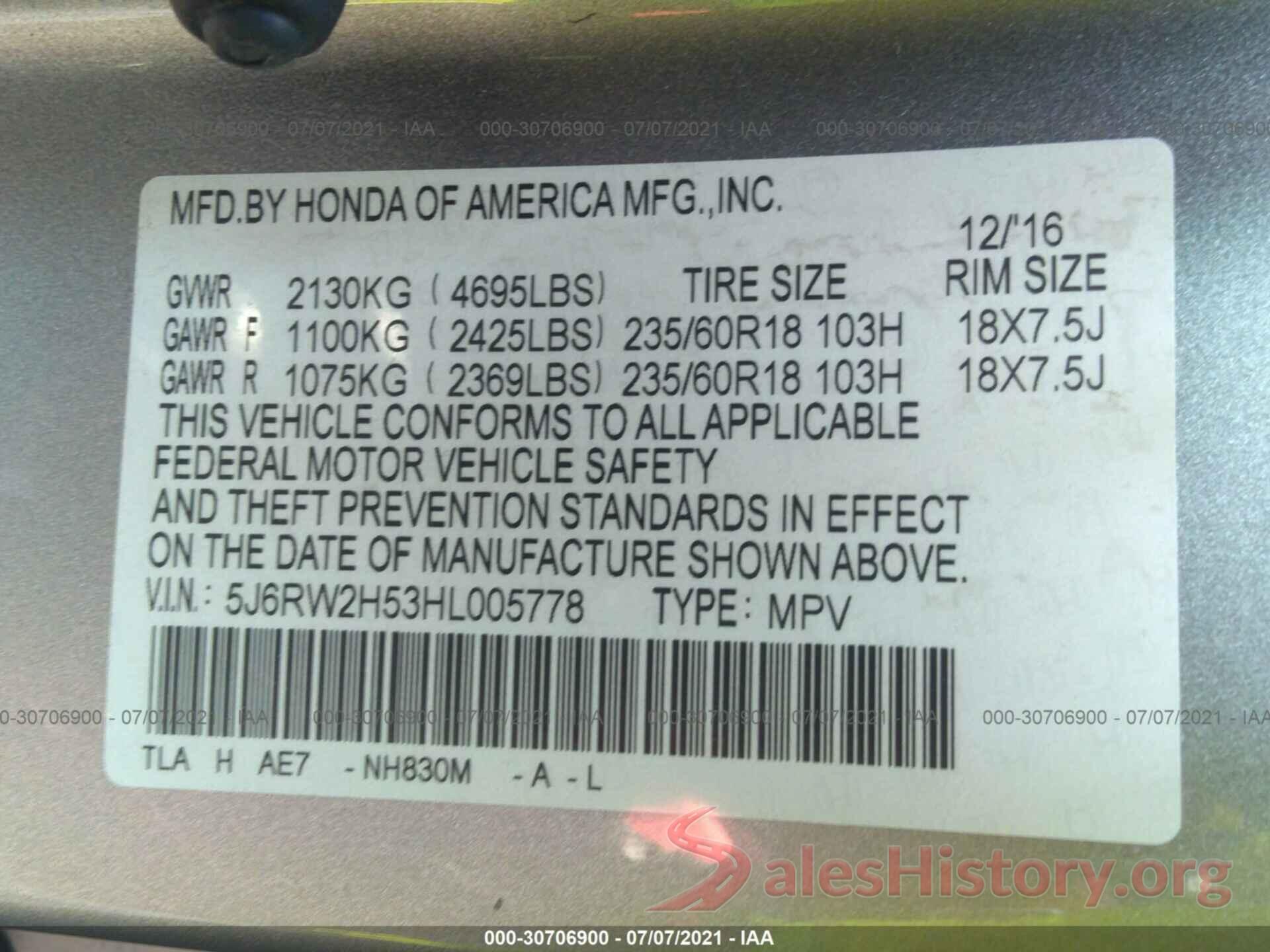 5J6RW2H53HL005778 2017 HONDA CR-V