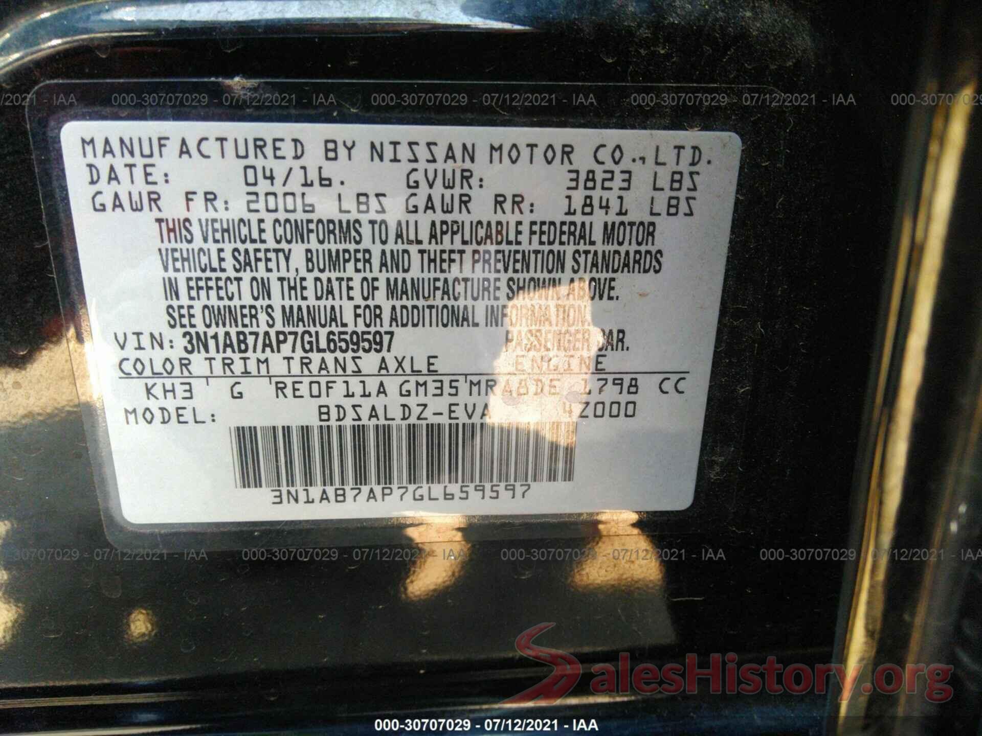 3N1AB7AP7GL659597 2016 NISSAN SENTRA