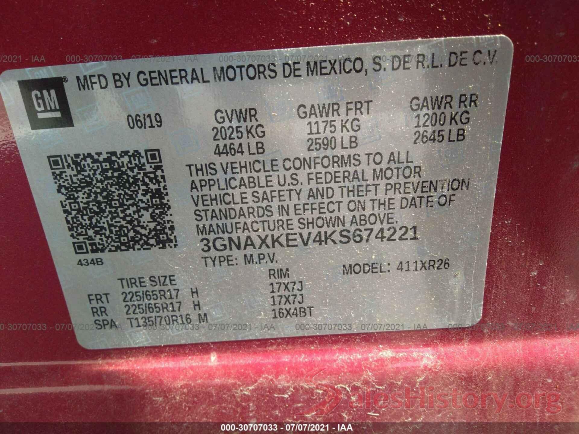 3GNAXKEV4KS674221 2019 CHEVROLET EQUINOX