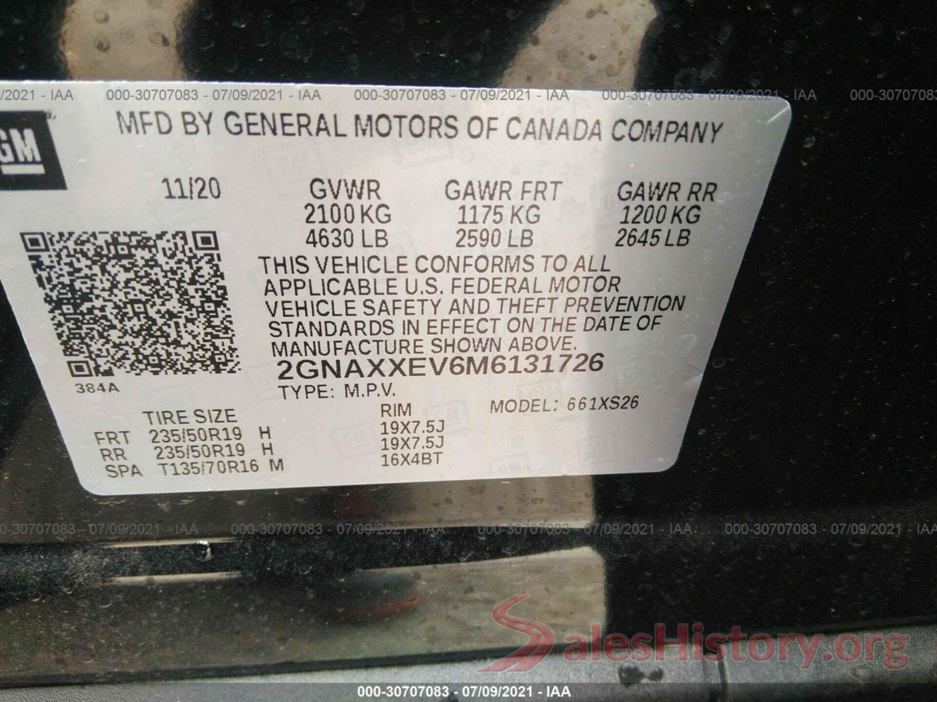 2GNAXXEV6M6131726 2021 CHEVROLET EQUINOX