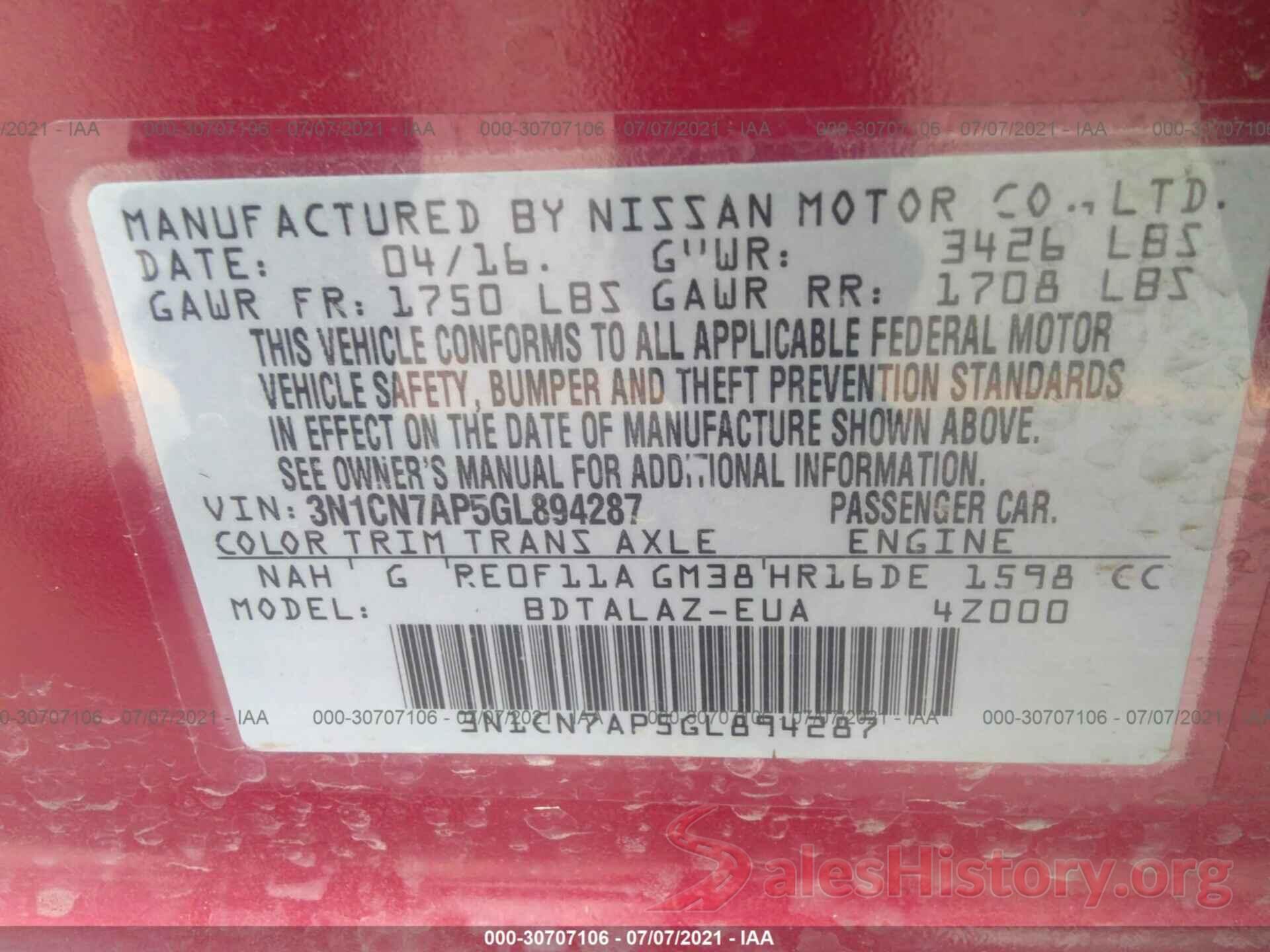 3N1CN7AP5GL894287 2016 NISSAN VERSA