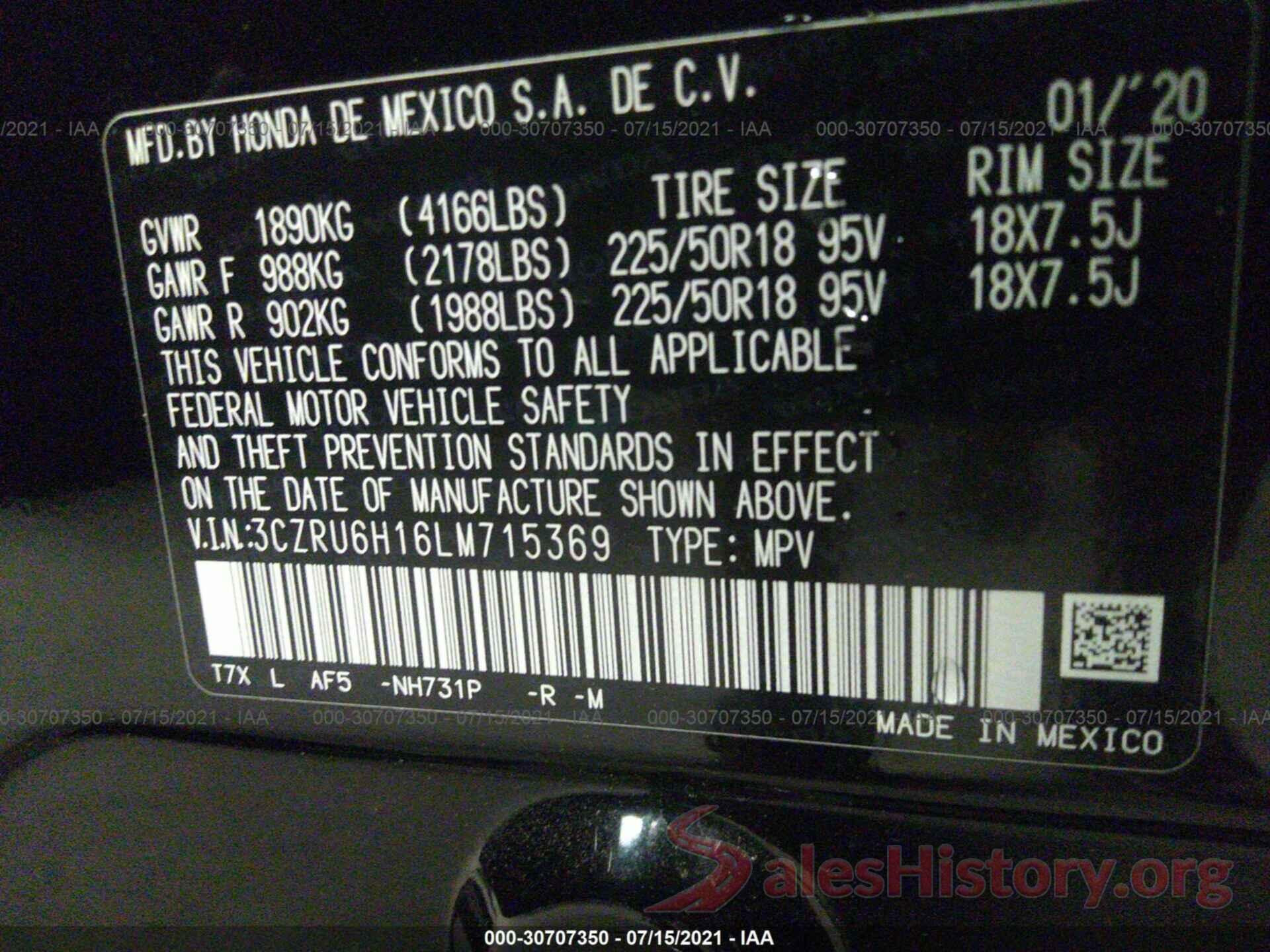 3CZRU6H16LM715369 2020 HONDA HR-V