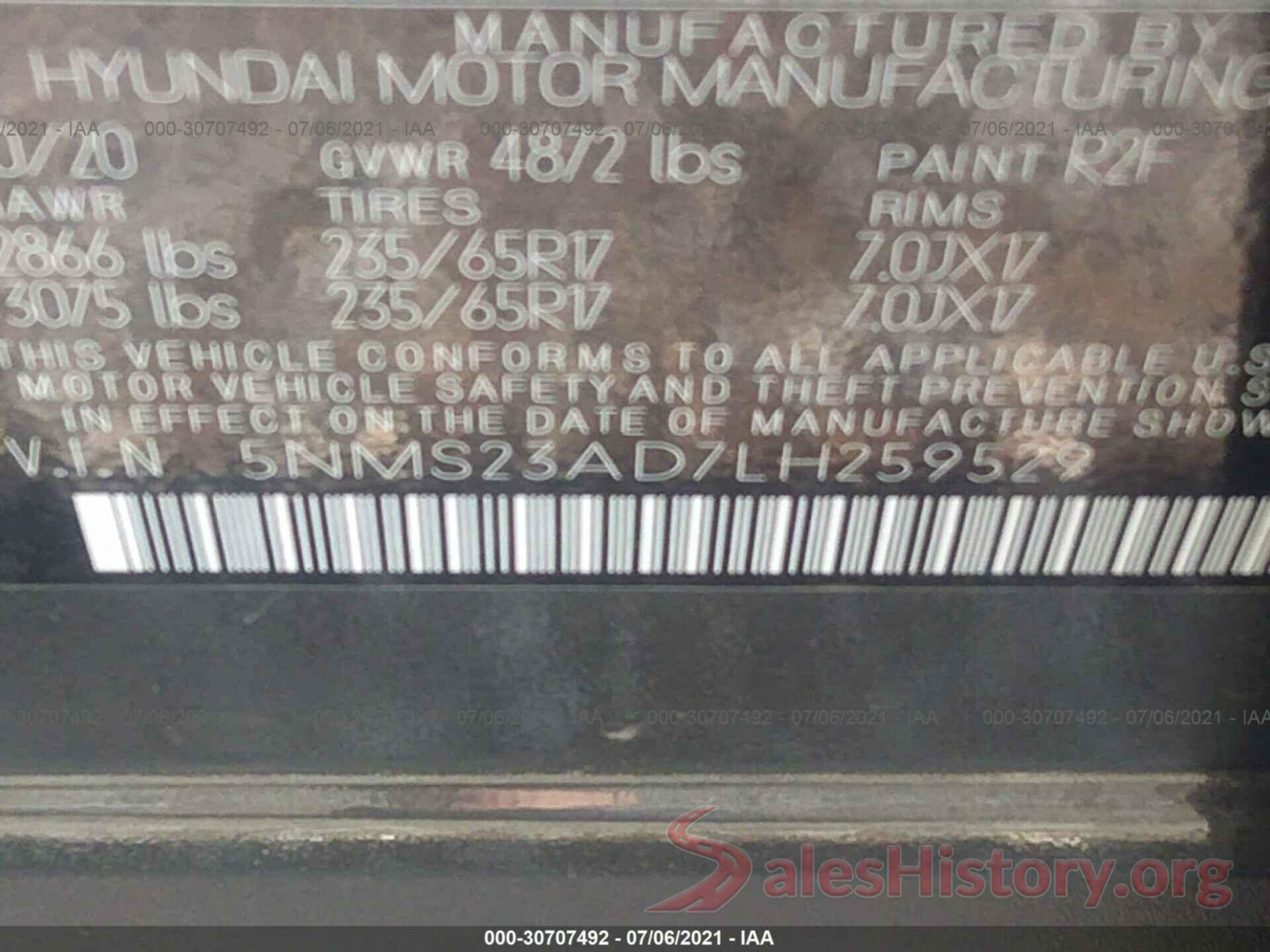 5NMS23AD7LH259529 2020 HYUNDAI SANTA FE