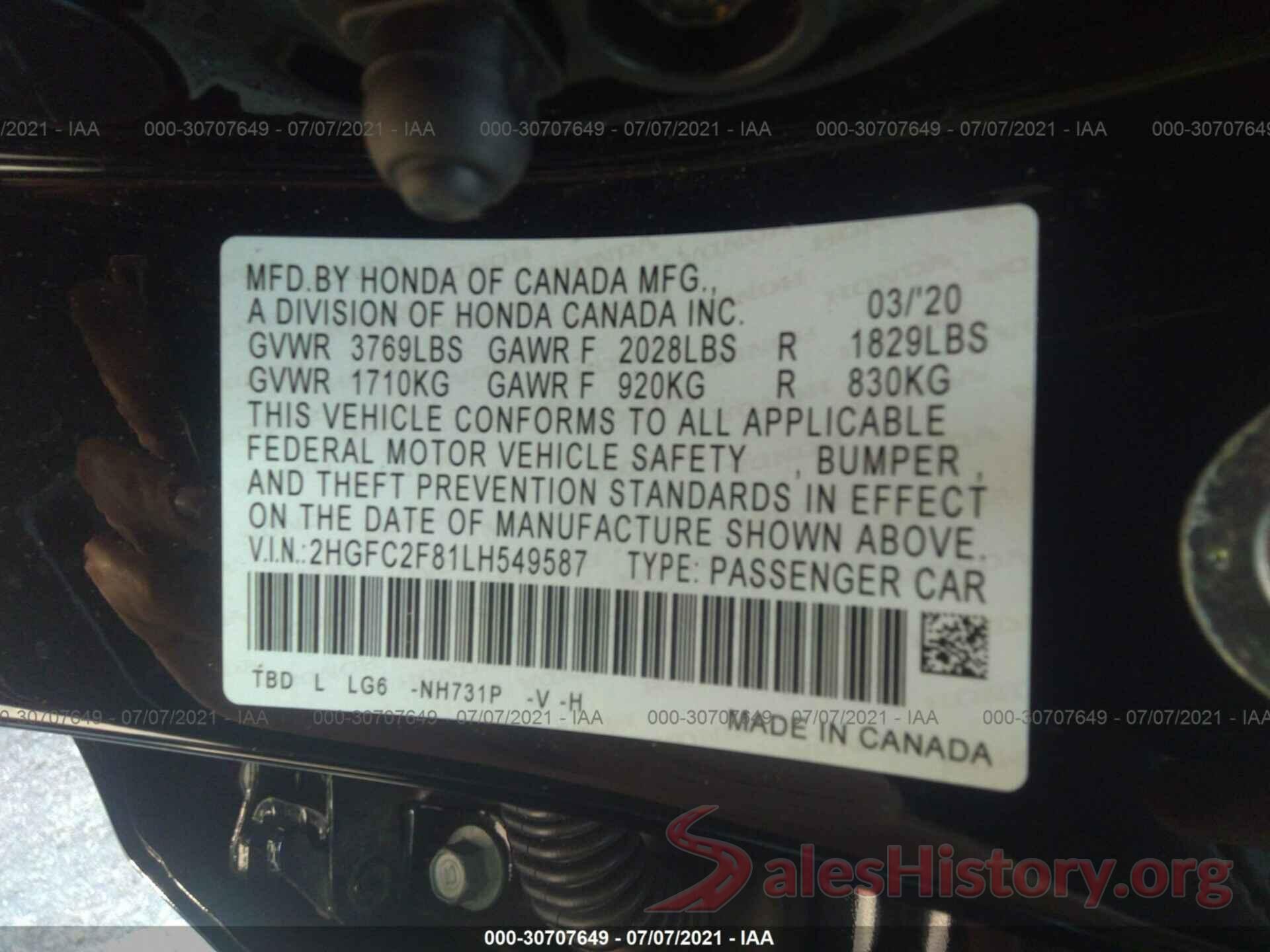 2HGFC2F81LH549587 2020 HONDA CIVIC SEDAN