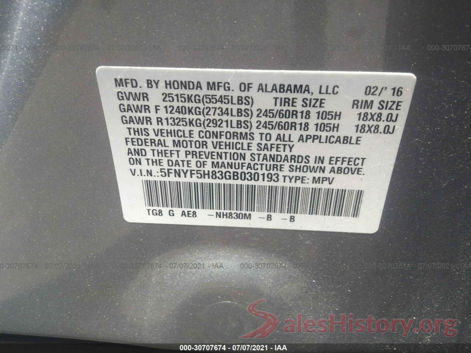 5FNYF5H83GB030193 2016 HONDA PILOT