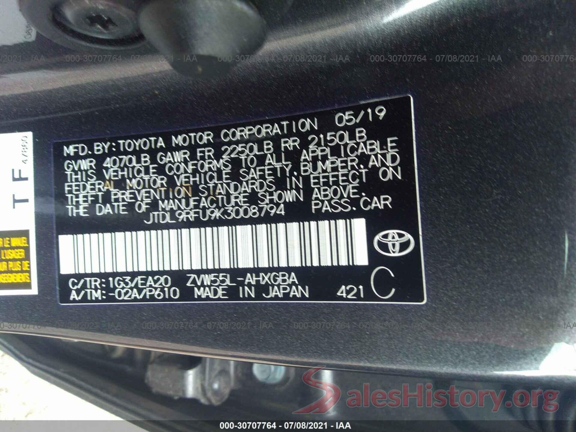 JTDL9RFU9K3008794 2019 TOYOTA PRIUS