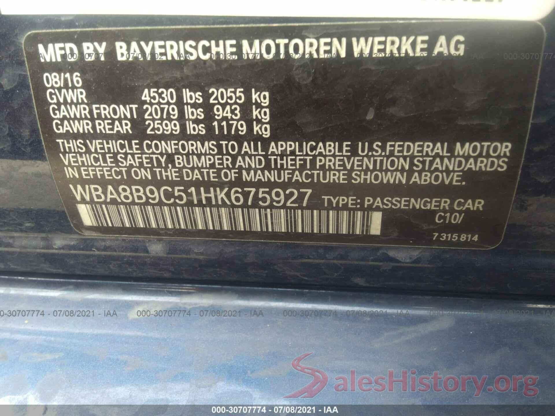 WBA8B9C51HK675927 2017 BMW 3 SERIES