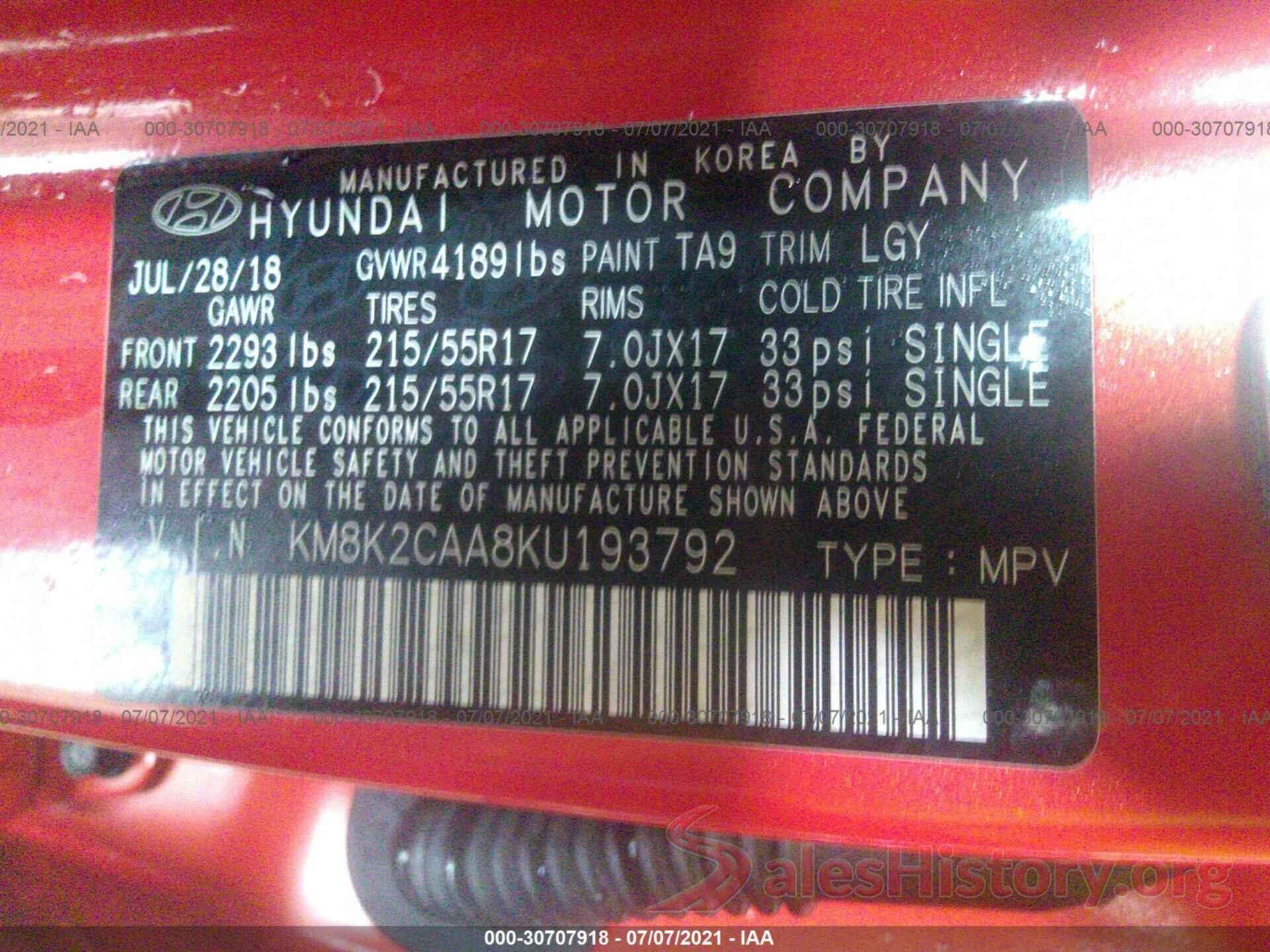 KM8K2CAA8KU193792 2019 HYUNDAI KONA