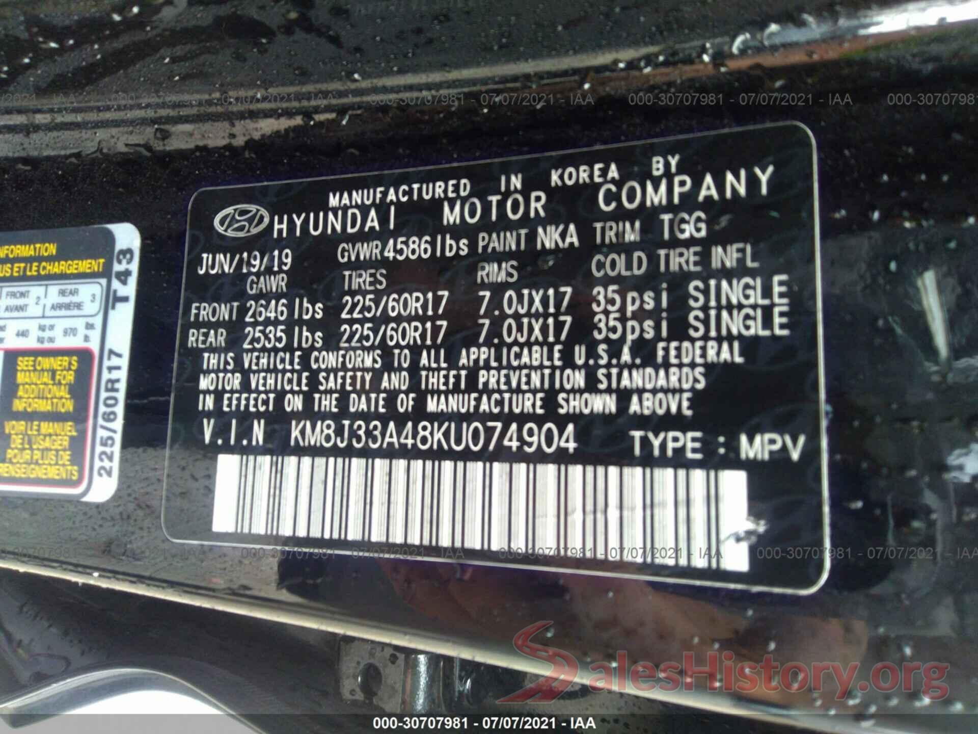 KM8J33A48KU074904 2019 HYUNDAI TUCSON