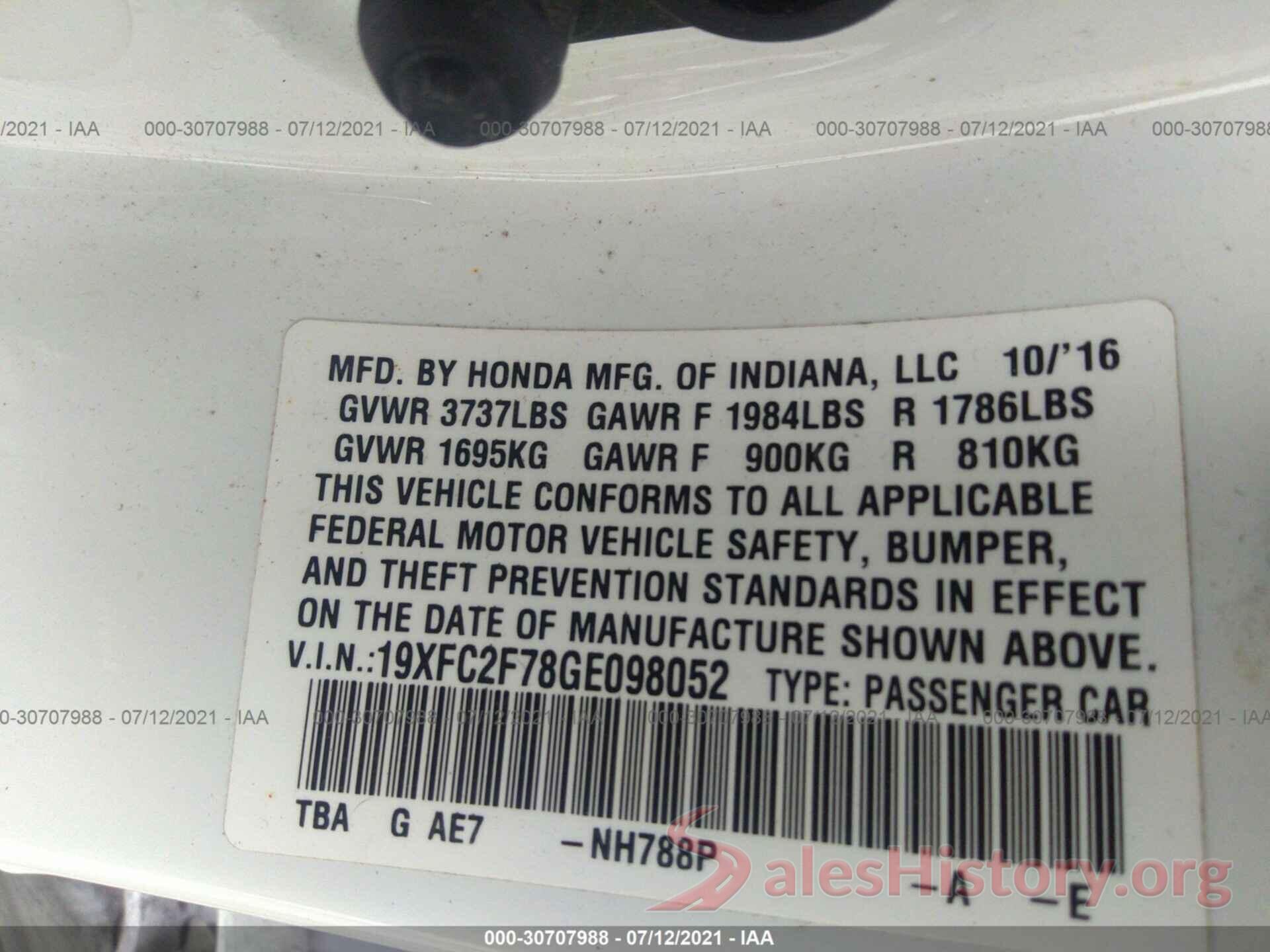 19XFC2F78GE098052 2016 HONDA CIVIC SEDAN