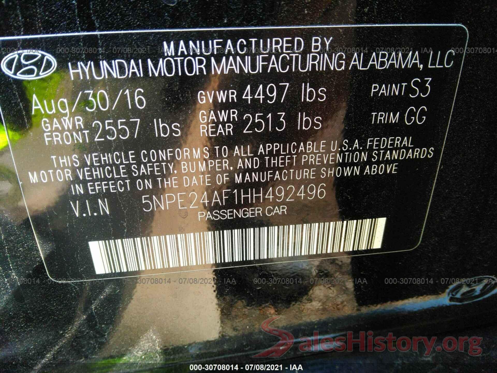 5NPE24AF1HH492496 2017 HYUNDAI SONATA