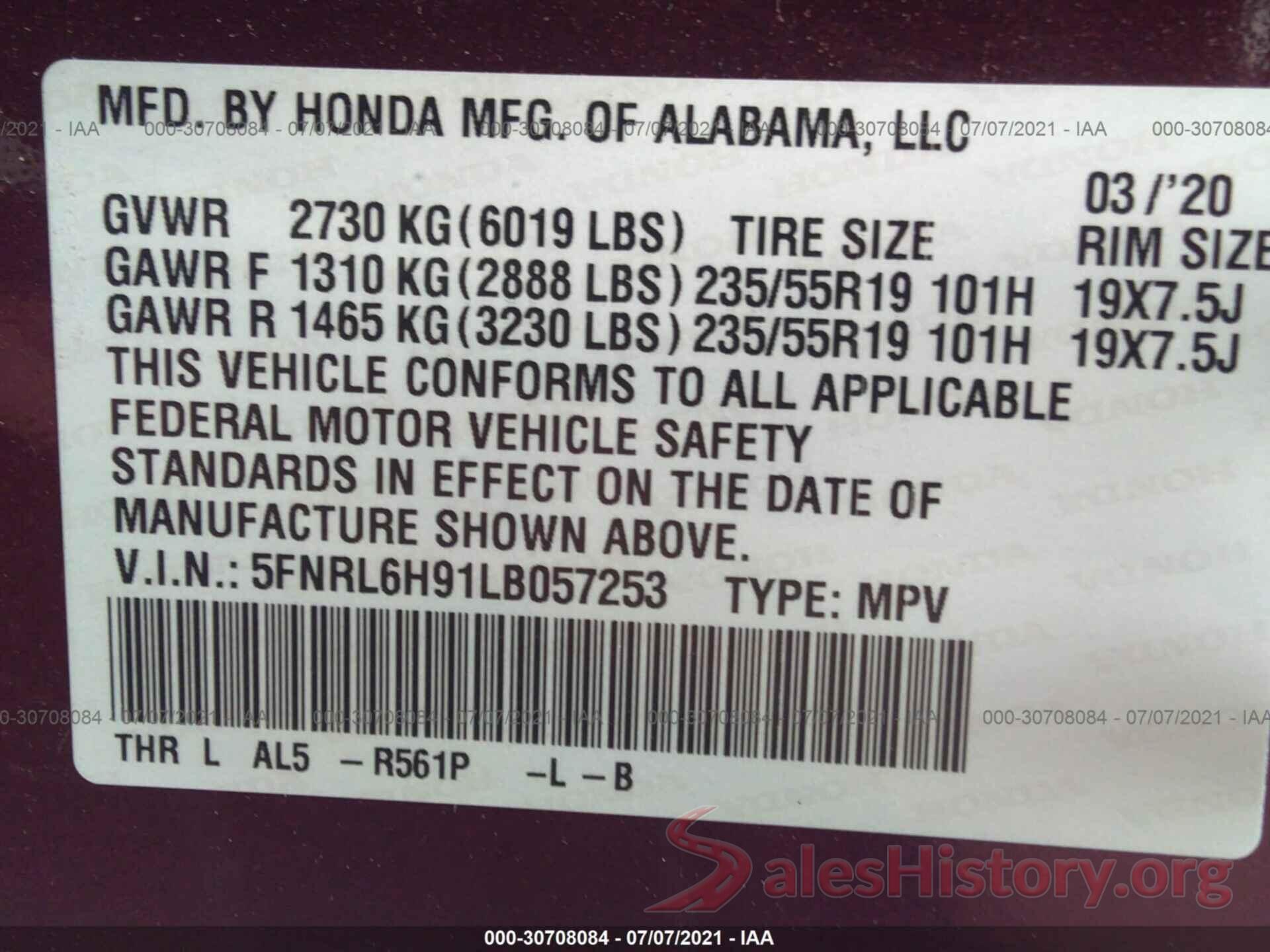 5FNRL6H91LB057253 2020 HONDA ODYSSEY