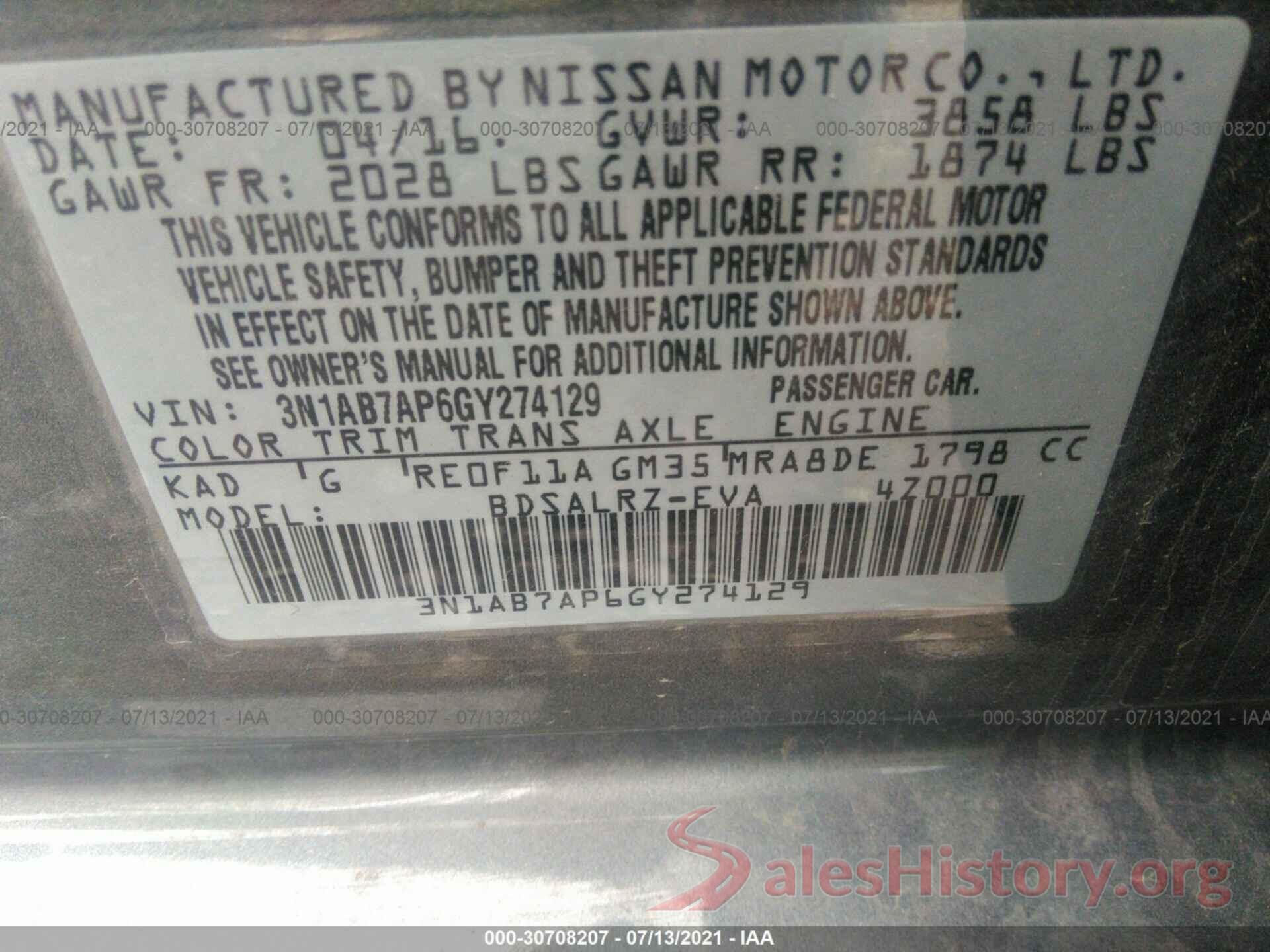 3N1AB7AP6GY274129 2016 NISSAN SENTRA