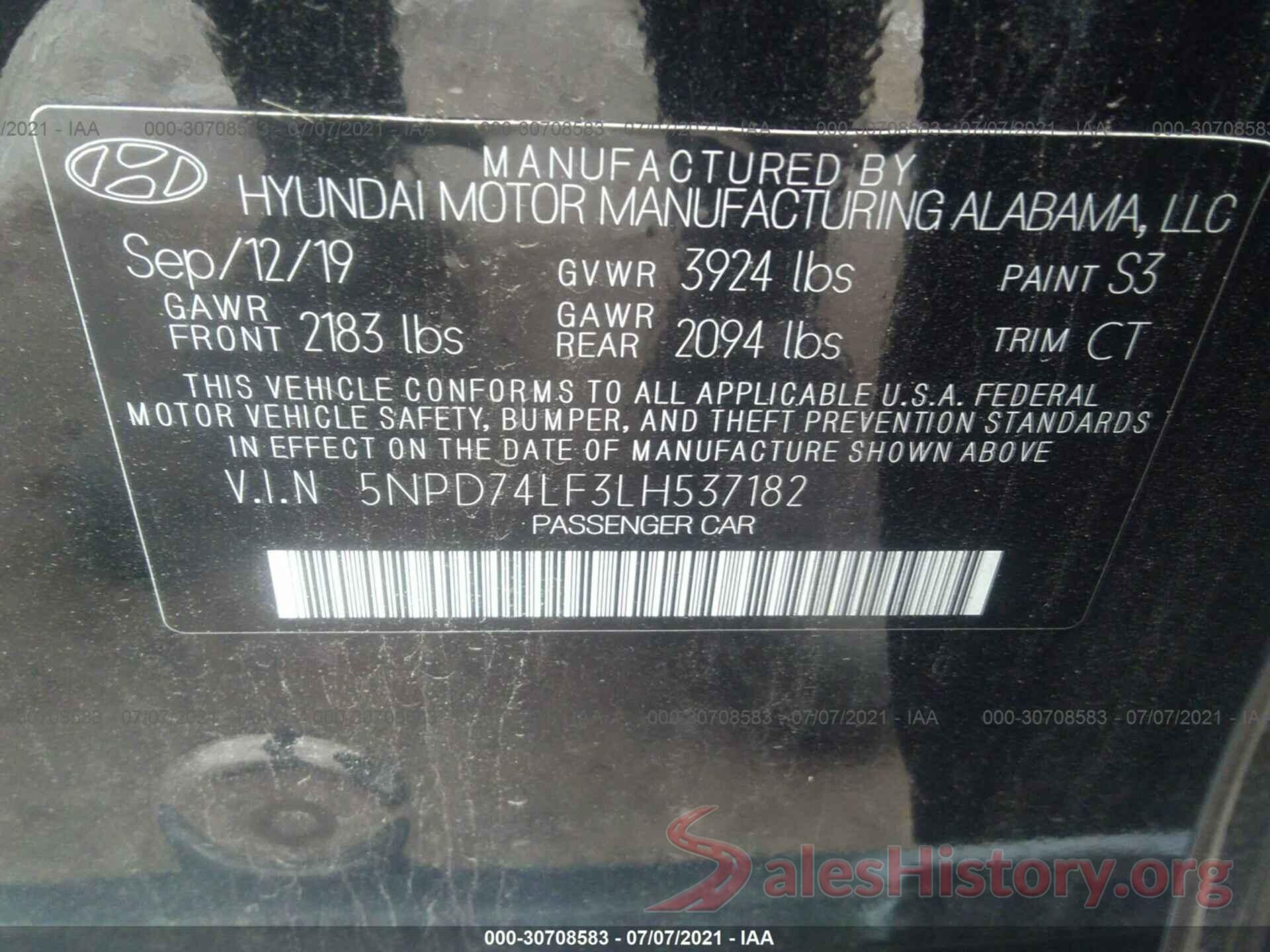 5NPD74LF3LH537182 2020 HYUNDAI ELANTRA