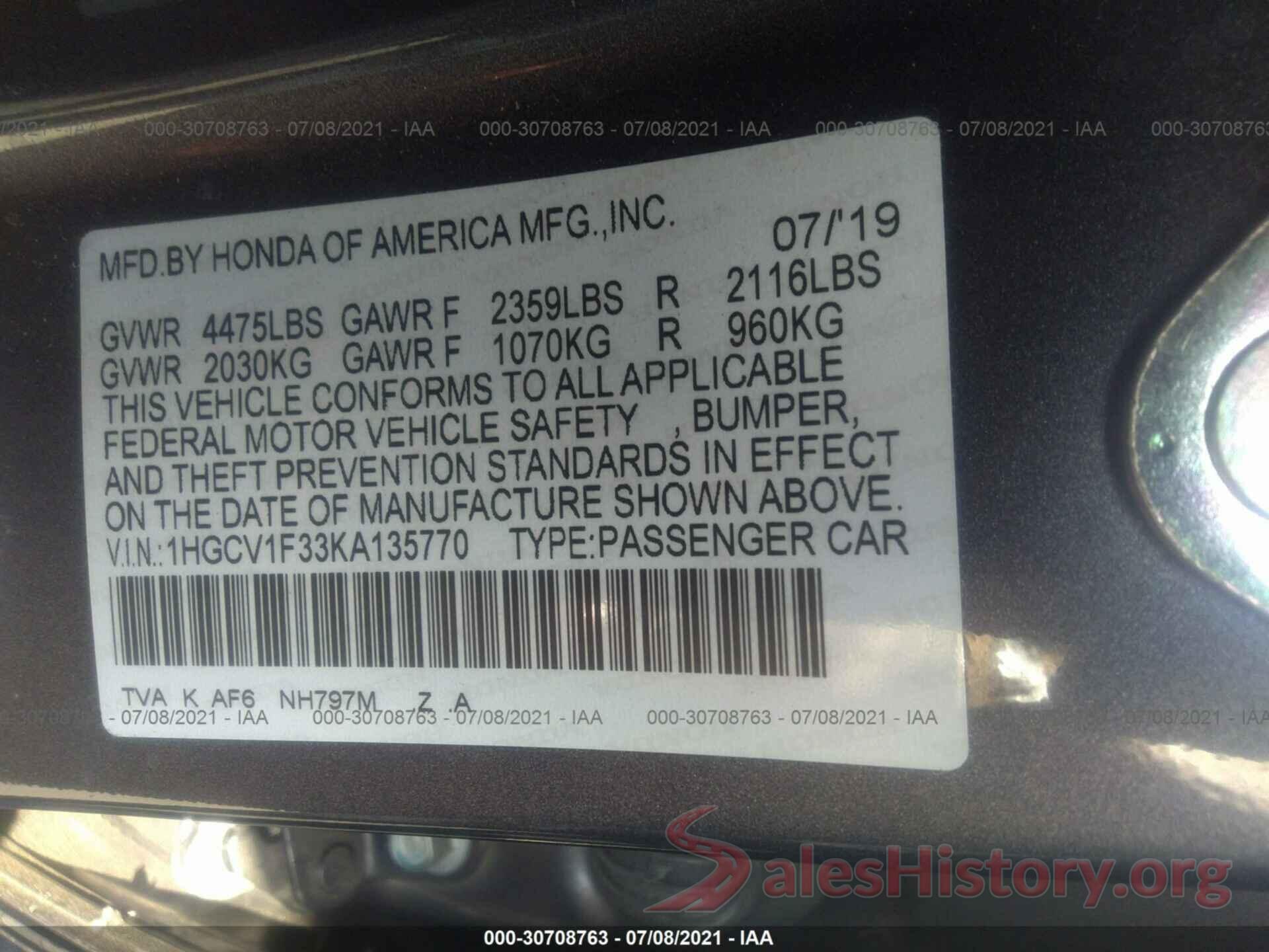 1HGCV1F33KA135770 2019 HONDA ACCORD SEDAN