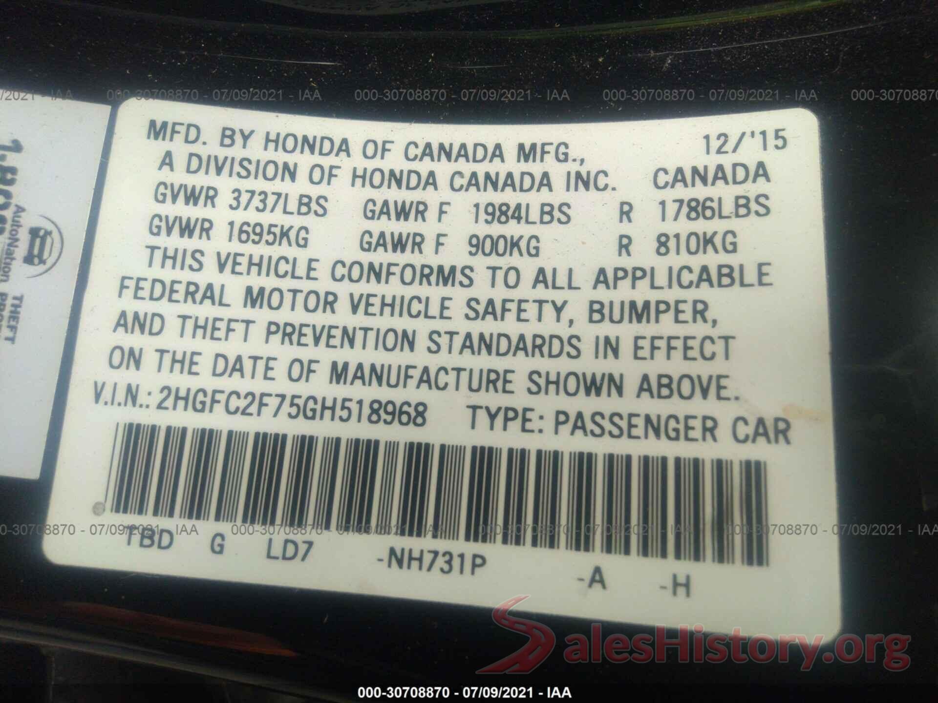 2HGFC2F75GH518968 2016 HONDA CIVIC SEDAN