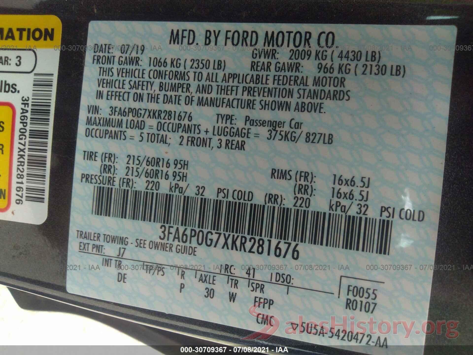 3FA6P0G7XKR281676 2019 FORD FUSION