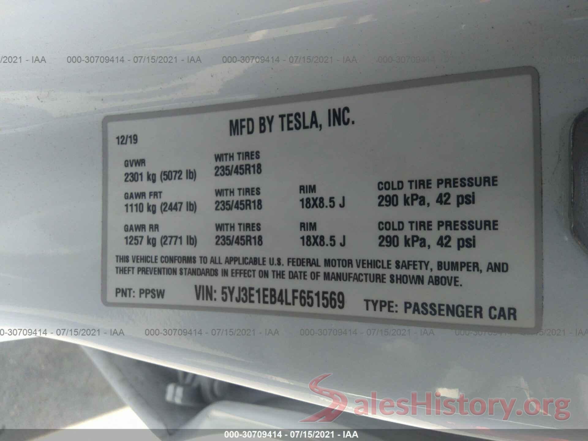 5YJ3E1EB4LF651569 2020 TESLA MODEL 3