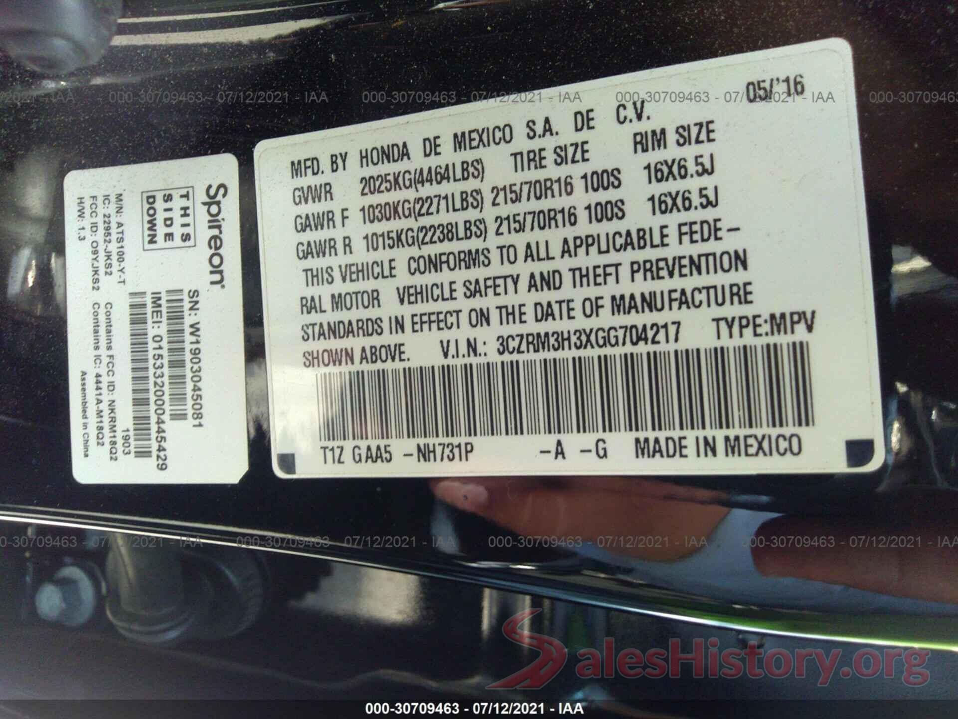 3CZRM3H3XGG704217 2016 HONDA CR-V