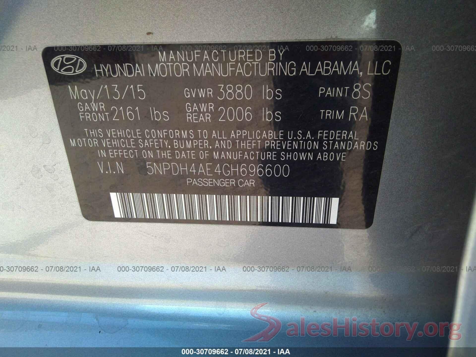 5NPDH4AE4GH696600 2016 HYUNDAI ELANTRA