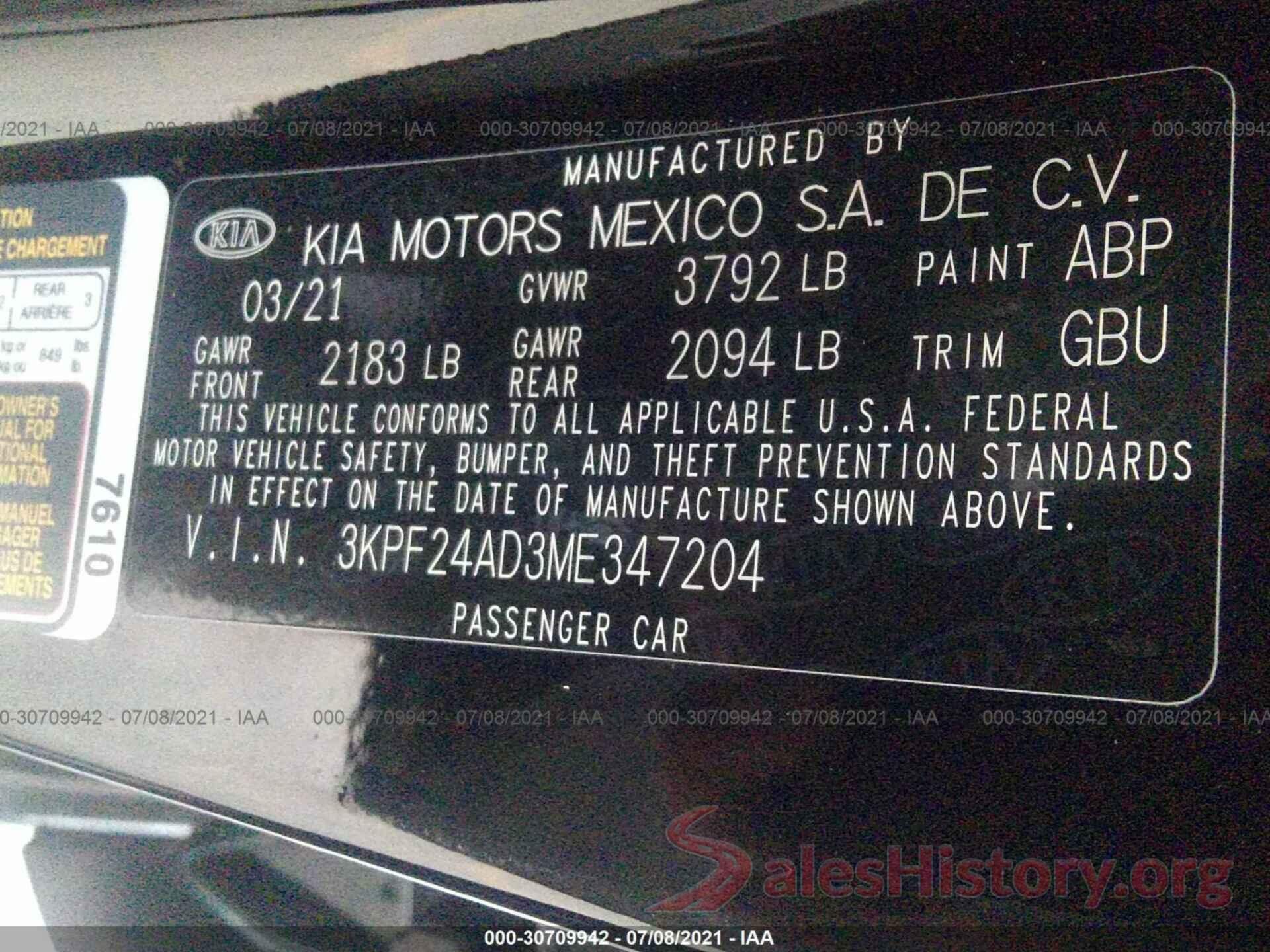 3KPF24AD3ME347204 2021 KIA FORTE