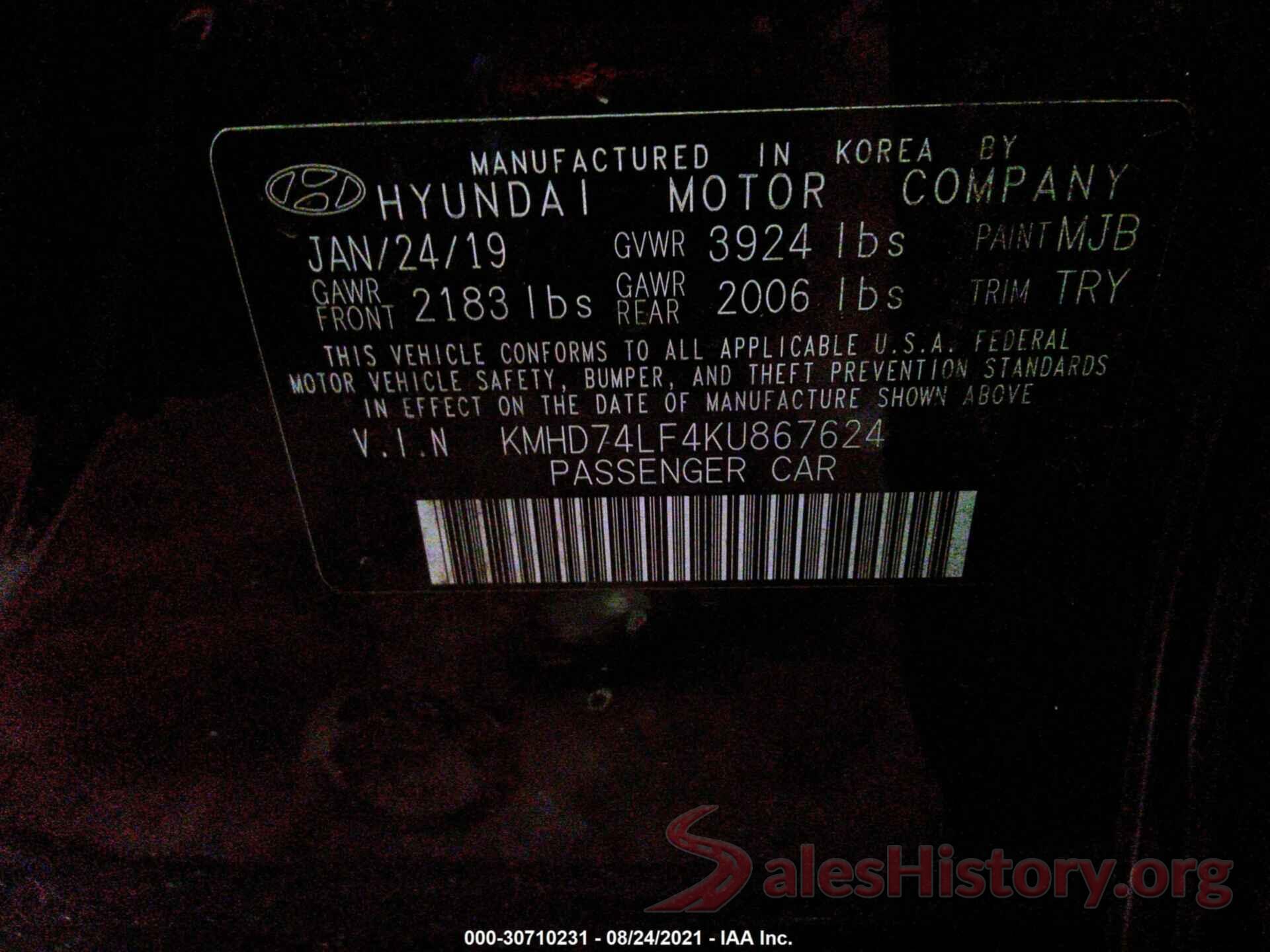 000D74LF4KU867624 2019 HYUNDAI ELANTRA